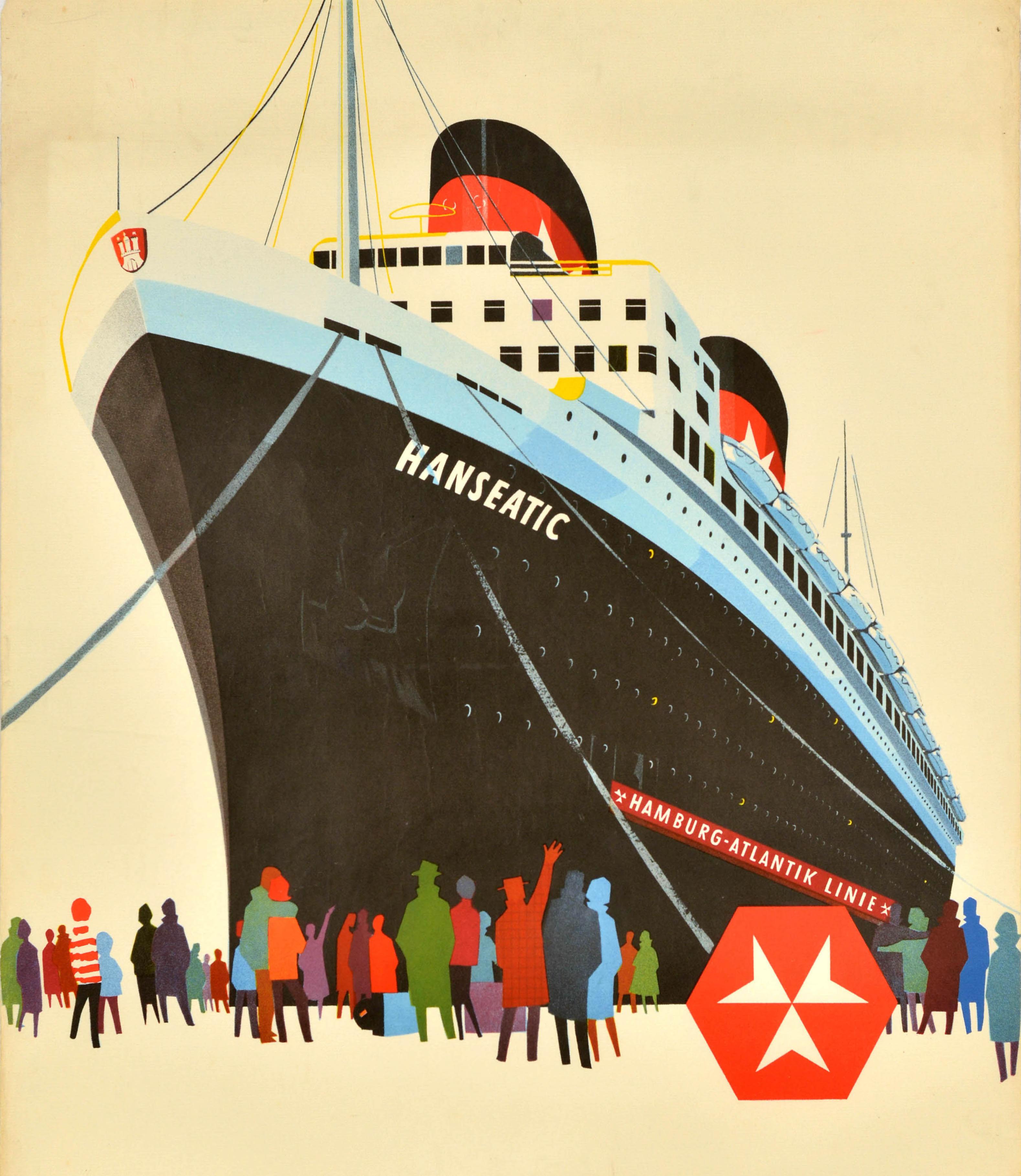 Affiche publicitaire originale de croisière pour Hamburg Atlantic Line / Hamburg Atlantik Linie représentant des silhouettes colorées de personnes saluant et regardant un navire nommé Hanseatic avec le texte en allemand en dessous - das Schiff der