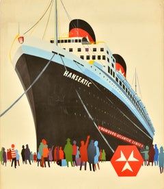 Original Vintage Travel Poster Hamburg Atlantic Line Hanseatic USA Cruise Ship