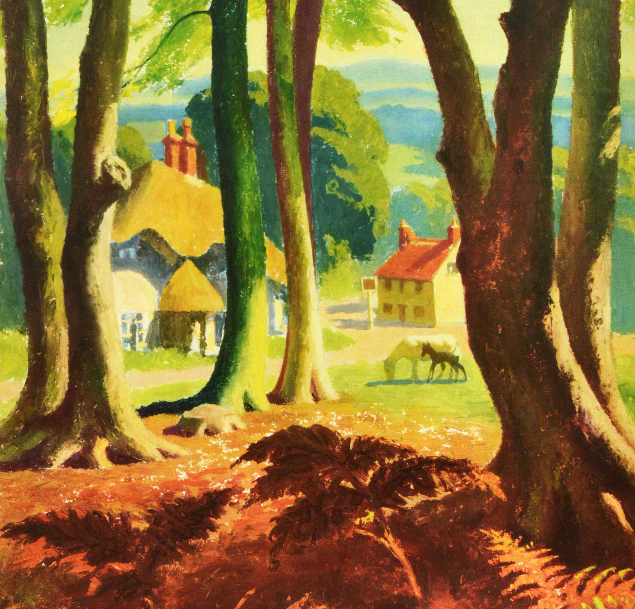 Original vintage travel poster for Hampshire served by British Railways featuring a scenic illustration by the English artist Alan Durman (1905-1963) depicting a view through trees and leaves to New Forest ponies grazing on the grass in the sunshine