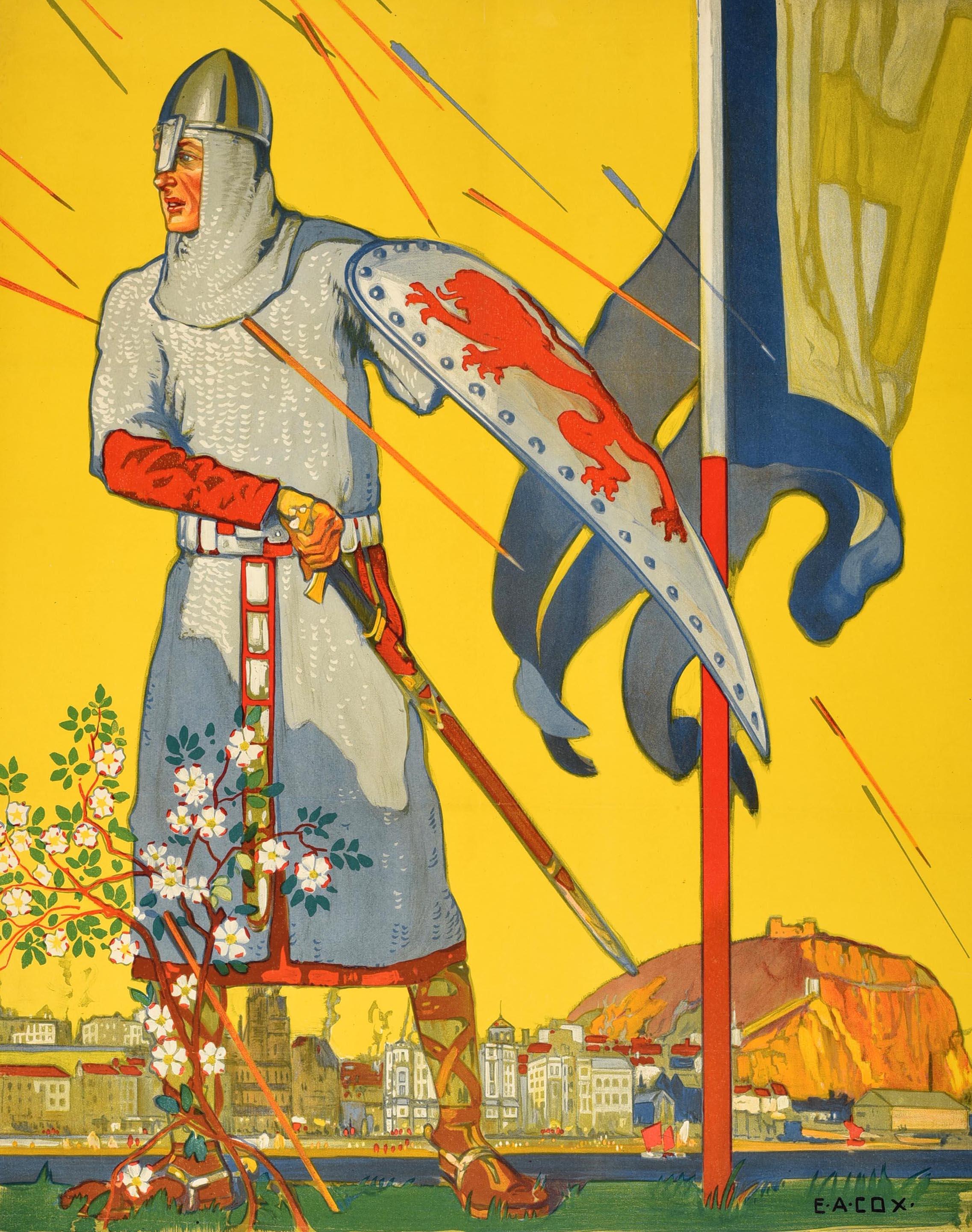 Original vintage travel poster for the historical South Coast towns of Hastings & St Leonards in Sussex featuring stunning artwork by the British painter Elijah Albert Cox (1876-1955) depicting arrows shooting at an English soldier in full armour