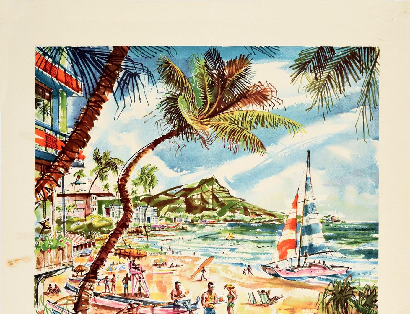 Original vintage travel poster for Hawaii Fly there by Qantas Australia's Round The World Airline featuring colourful artwork by Harry Rogers (1929-2012) showing holiday makers on the sandy Waikiki Beach relaxing and sunbathing with an outrigger