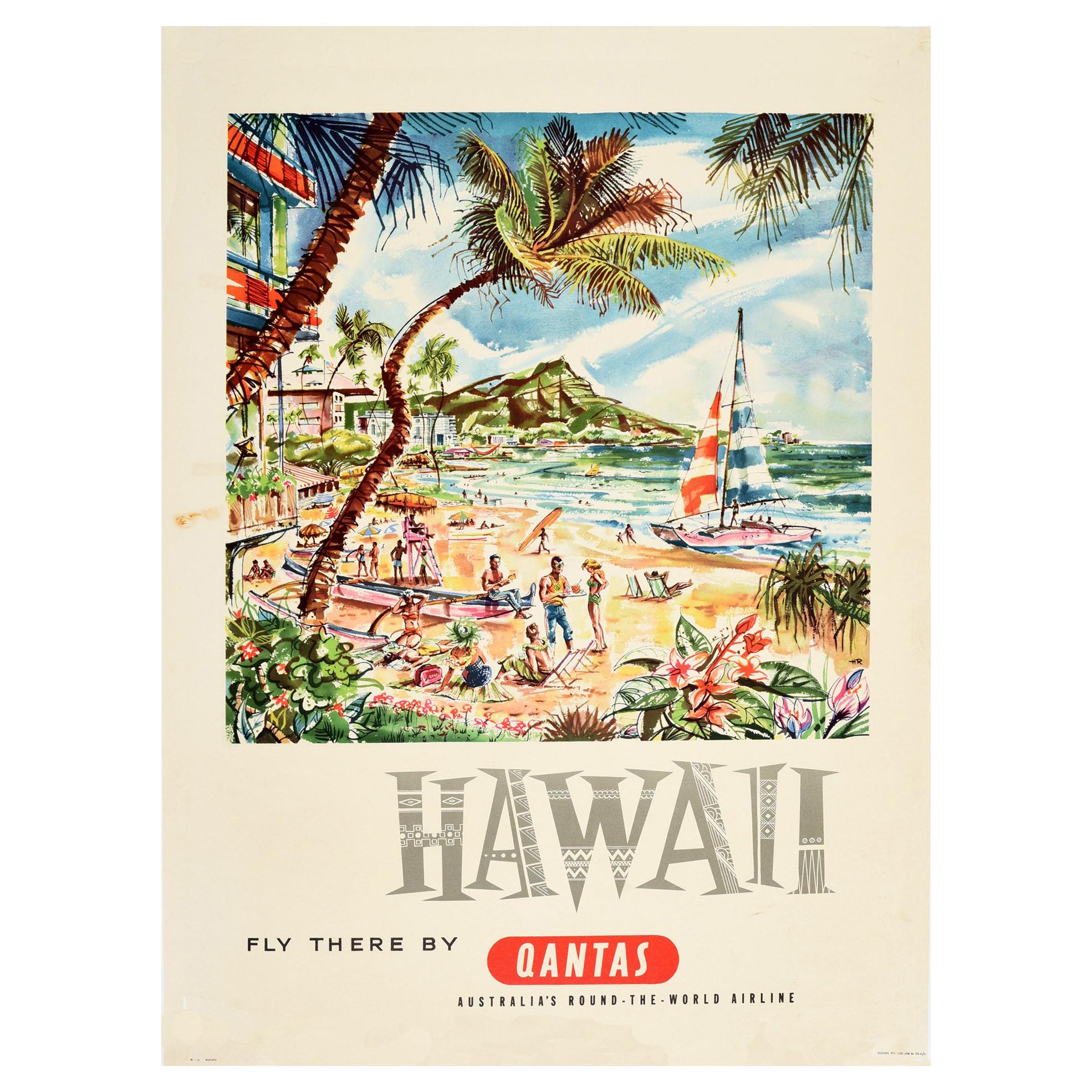 Original Vintage Travel Poster Hawaii Fly There by Qantas Waikiki Beach Sailing
