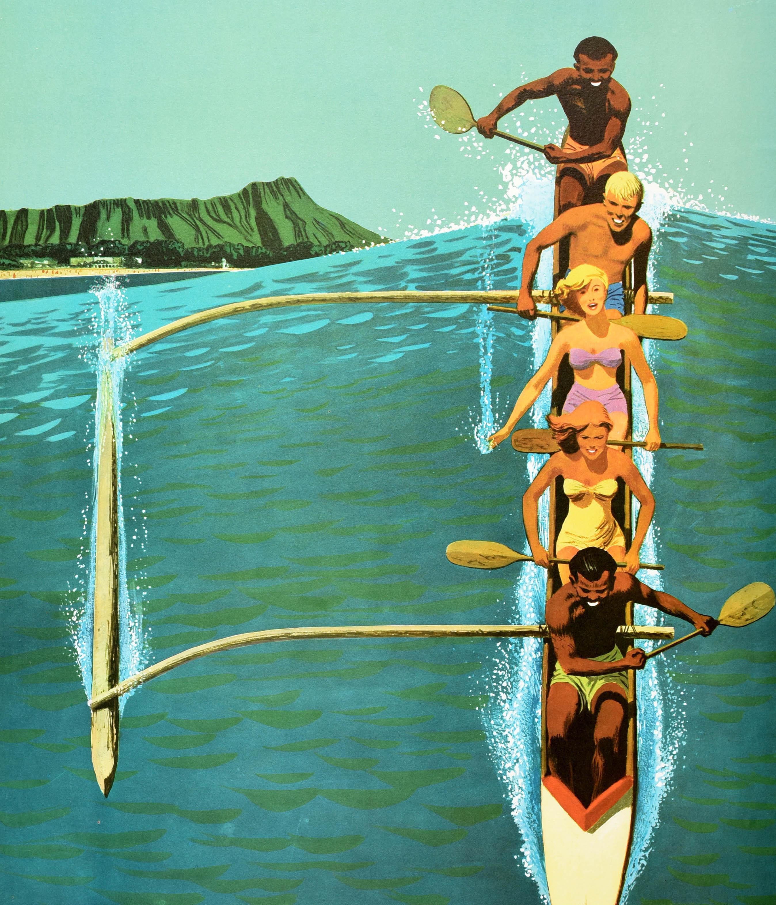 Original vintage United Air Lines travel advertising poster for Hawaii featuring a classic modernist design by the artist and illustrator Stan Galli (Stanley Walter Galli; 1912-2009) depicting a colourful and fun image of a group of smiling young