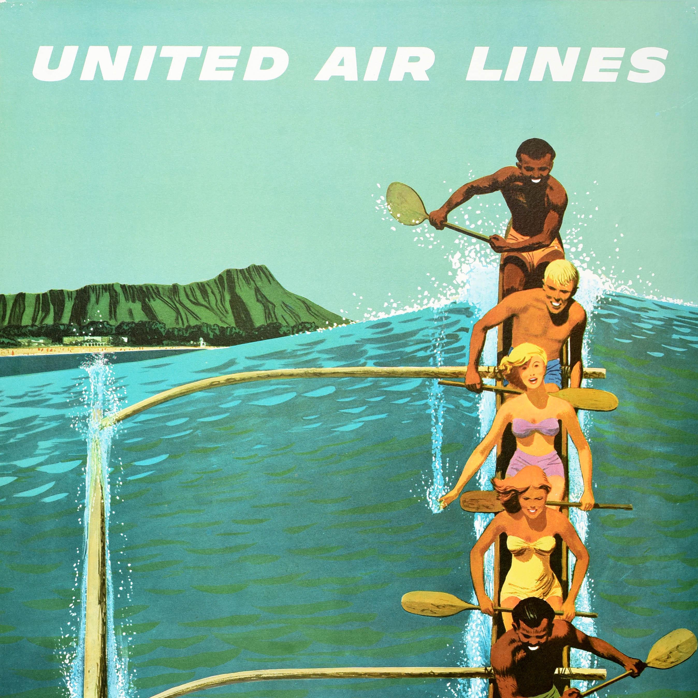 Original Vintage Travel Poster Hawaii Outrigger United Airlines Canoe Surfing (amerikanisch) im Angebot
