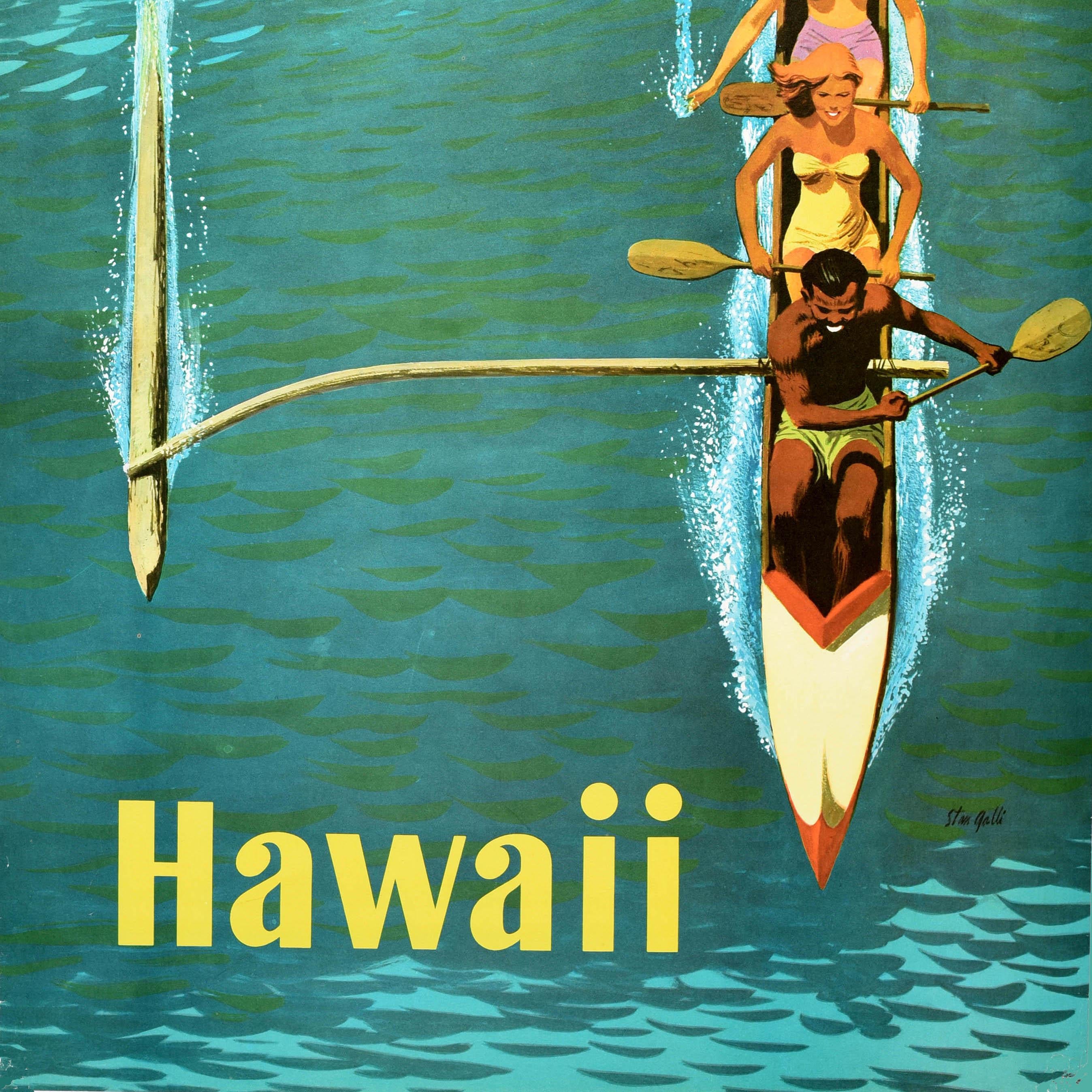 Original Vintage Travel Poster Hawaii Outrigger United Airlines Canoe Surfing im Zustand „Gut“ im Angebot in London, GB