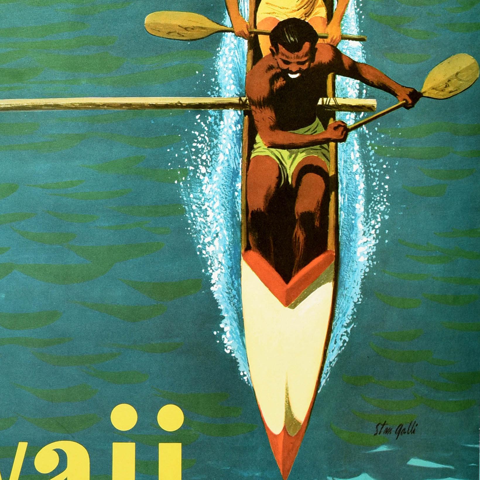 Original Vintage Travel Poster Hawaii Outrigger United Airlines Canoe Surfing (Mitte des 20. Jahrhunderts) im Angebot