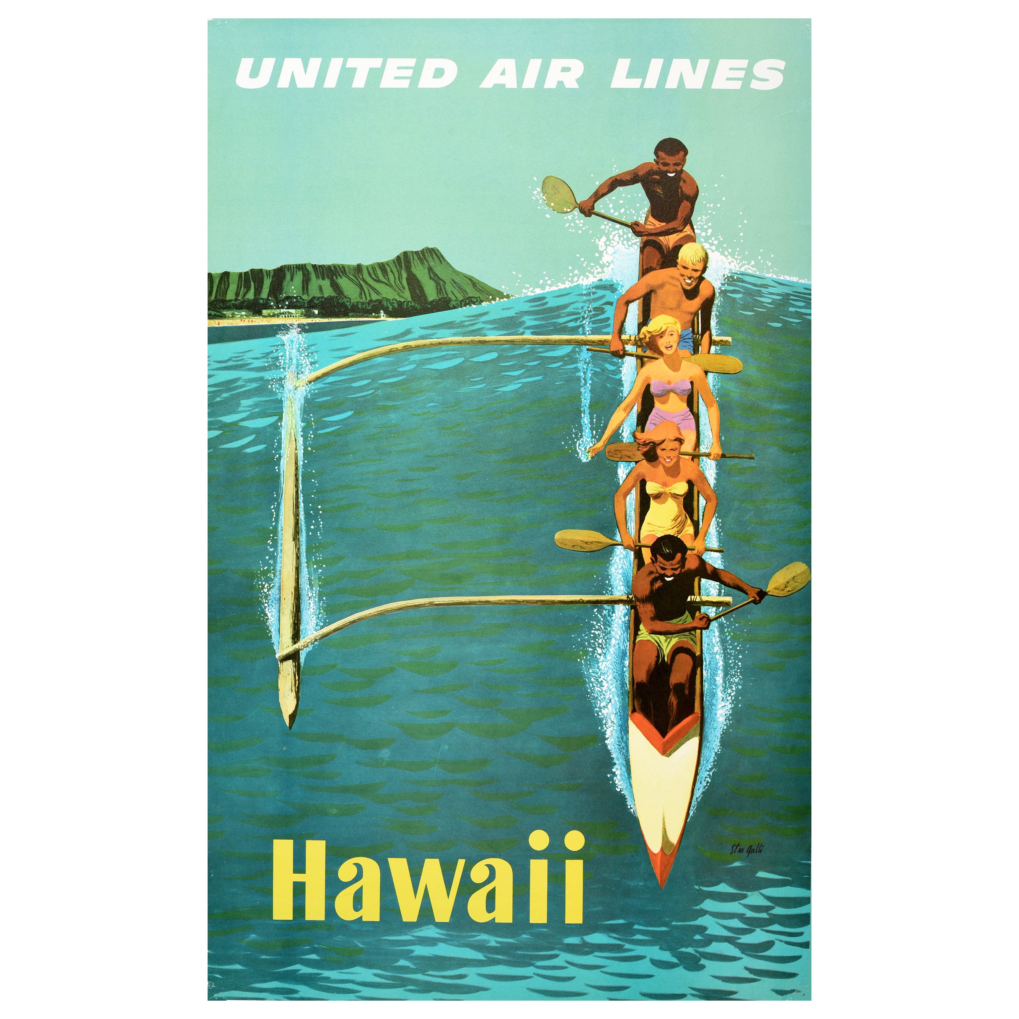 Original Vintage Travel Poster Hawaii Outrigger United Airlines Canoe Surfing