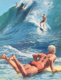 Original Vintage Travel Poster Hawaii Surfing USA Surfer Waves