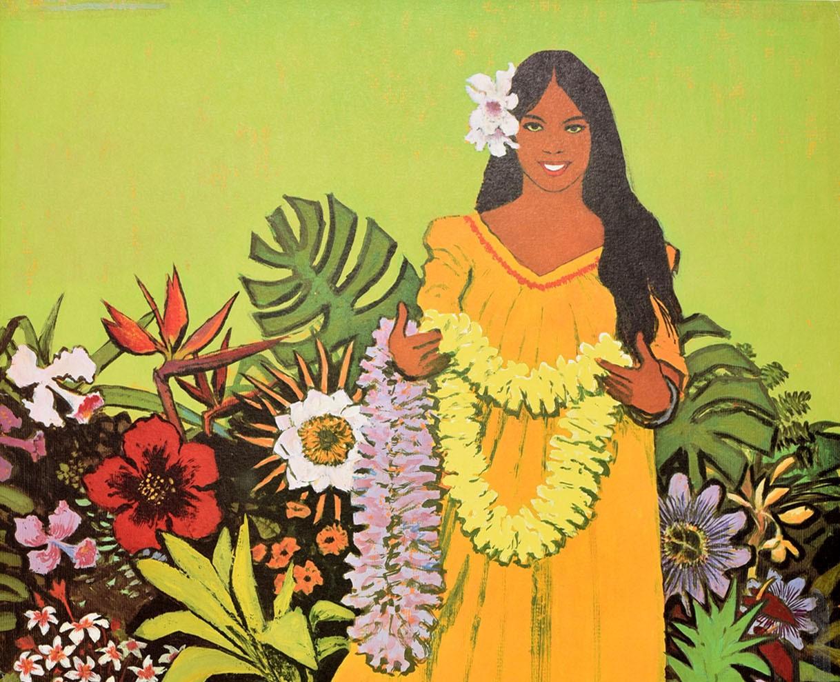 Original vintage aviation travel poster for United Air Lines Hawaii featuring a colourful design of a smiling lady welcoming the viewer as a visitor to the island offering a Lei garland of flowers with more flowers, tropical leaves, pineapple and