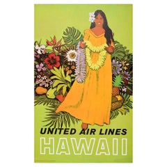 Original Vintage Travel Poster Hawaii United Airlines Lei Flower Garland Design