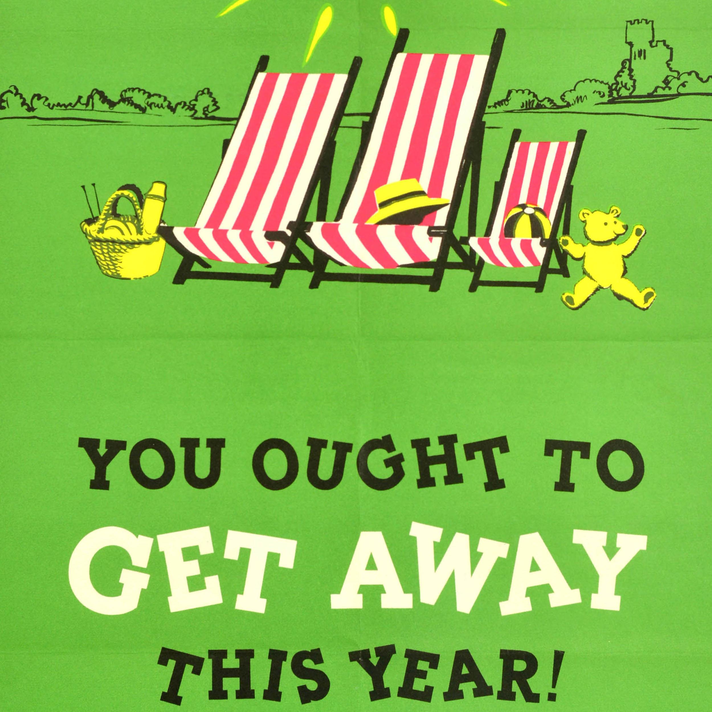 Original vintage travel poster promoting Holidays in Britain You ought to get away this year! It's better remember in June or September featuring a fun illustration of red and white striped deck chairs on a beach with a picnic basket, teddy bear,