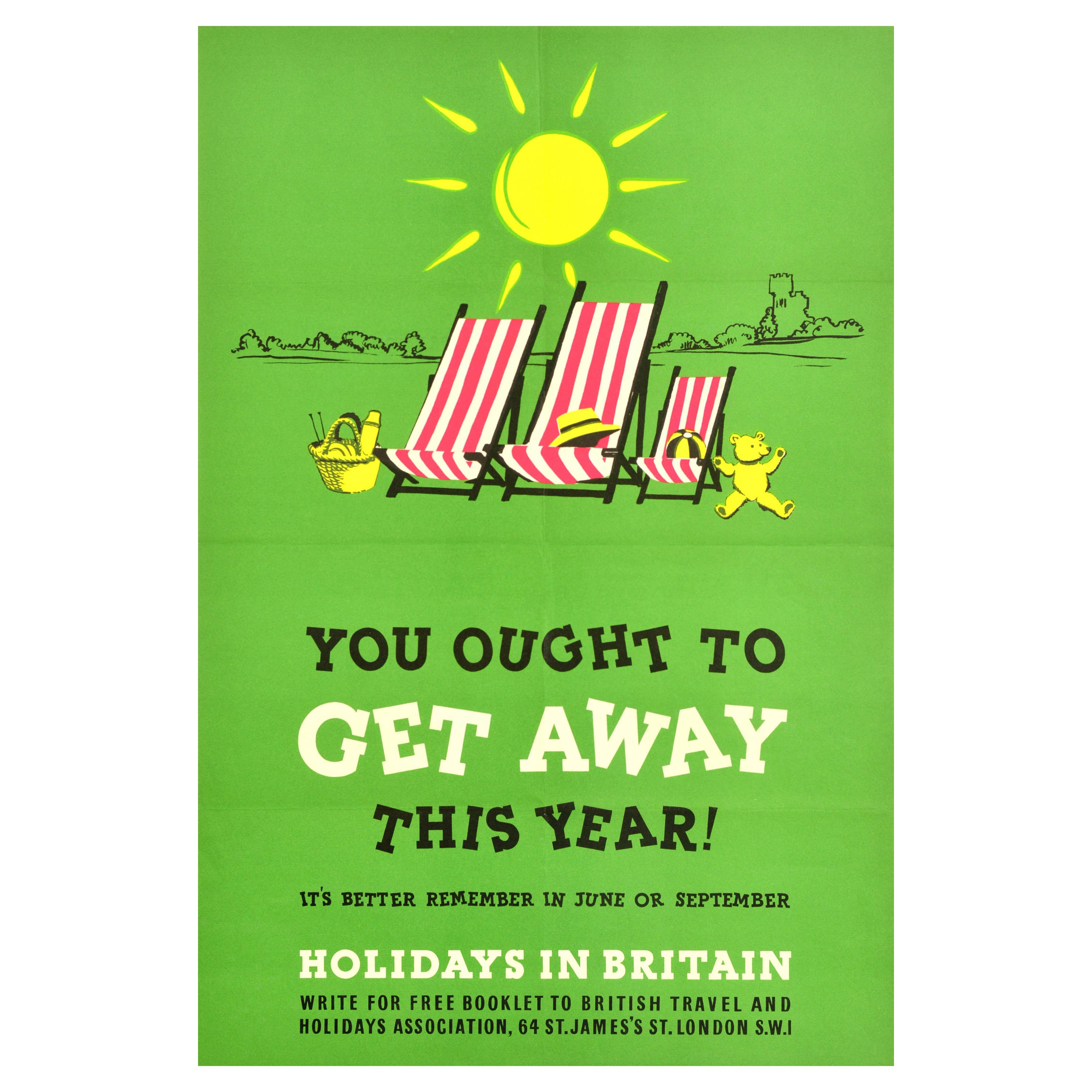 Original-Vintage-Reiseplakat Holidays In Britain, „ Holidays In Britain You Ought To Get Away“, Design