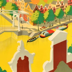 Original Vintage Travel Poster Holland River Canal Dutch Houses Netherlands Art