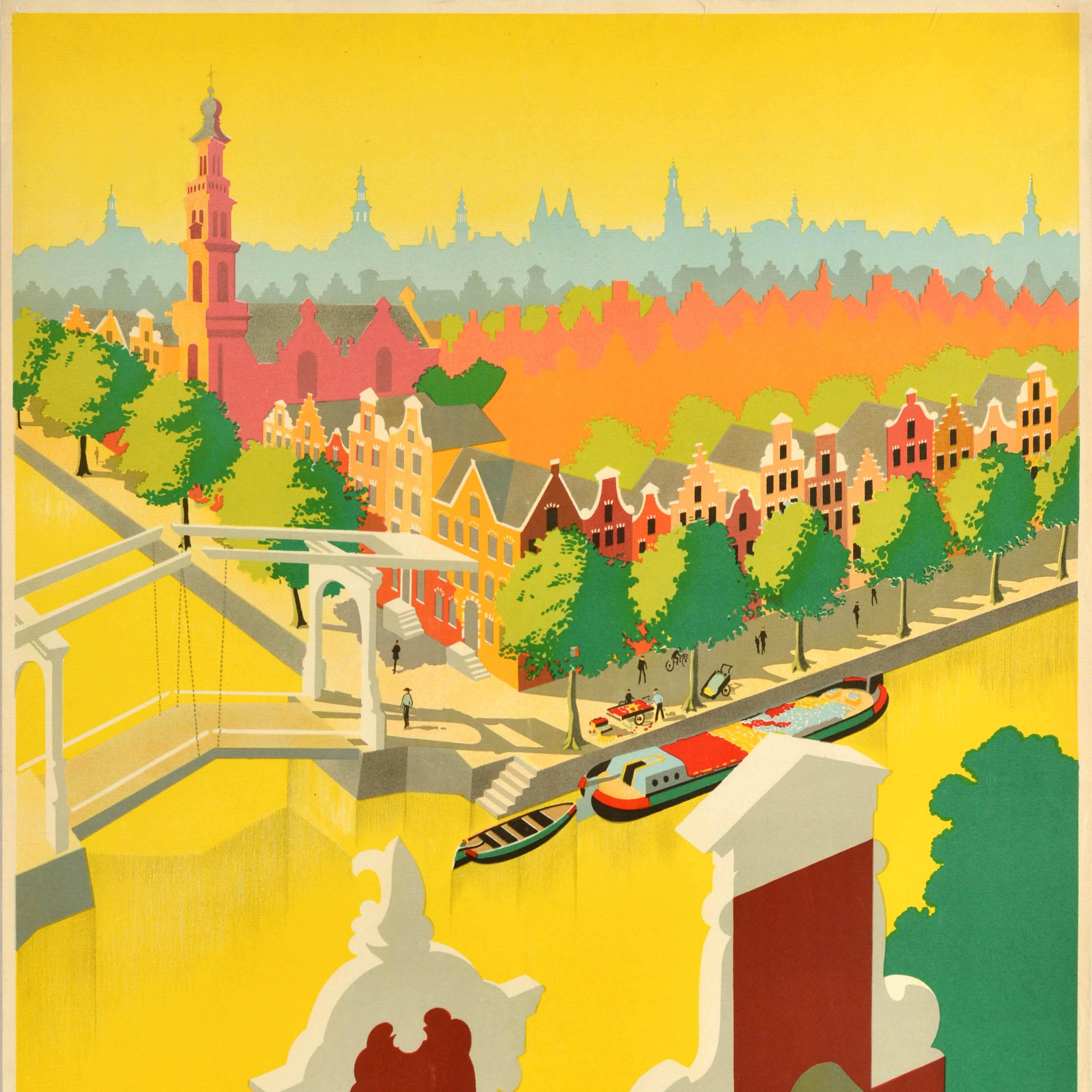 Póster de Viaje Vintage Original Holland River Canal Dutch Houses Países Bajos Arte Holandés en venta