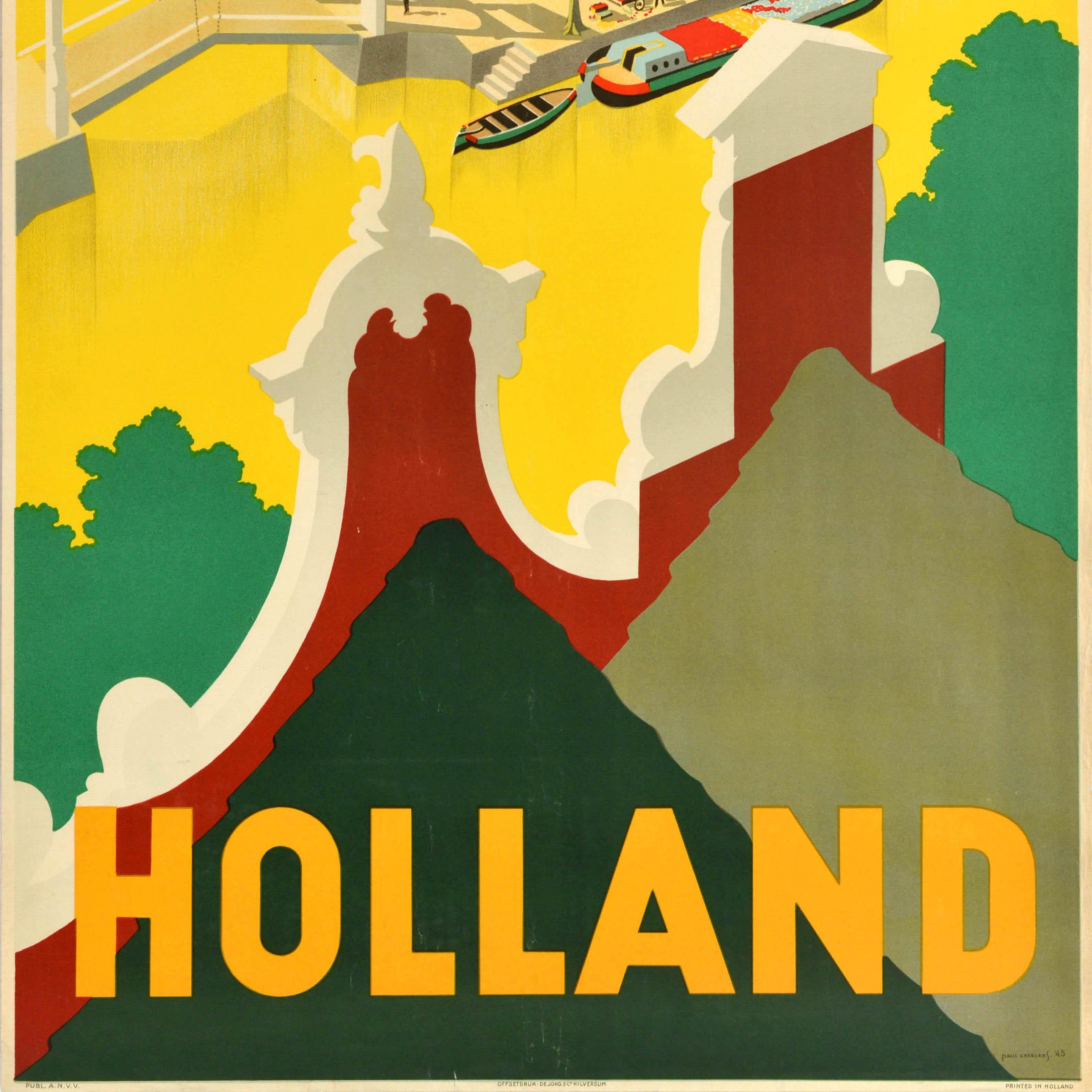 Póster de Viaje Vintage Original Holland River Canal Dutch Houses Países Bajos Arte en Bueno estado para la venta en London, GB