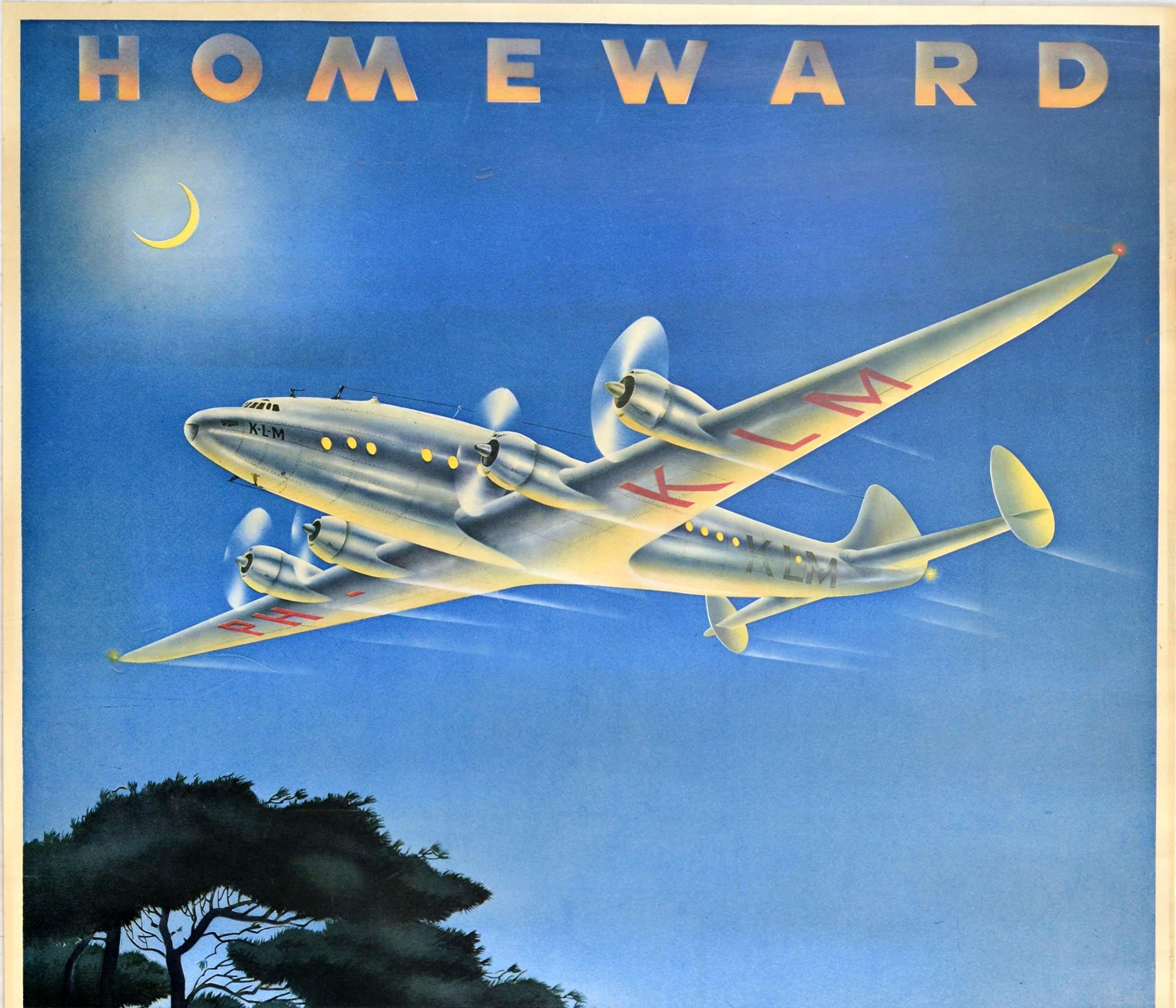 Original vintage travel advertising poster issued by KLM Royal Dutch Airlines - Homeward - featuring great artwork by Paul Erkelens (b. 1912) of a KLM propeller plane flying at speed in a blue evening sky above a tree in the foreground with