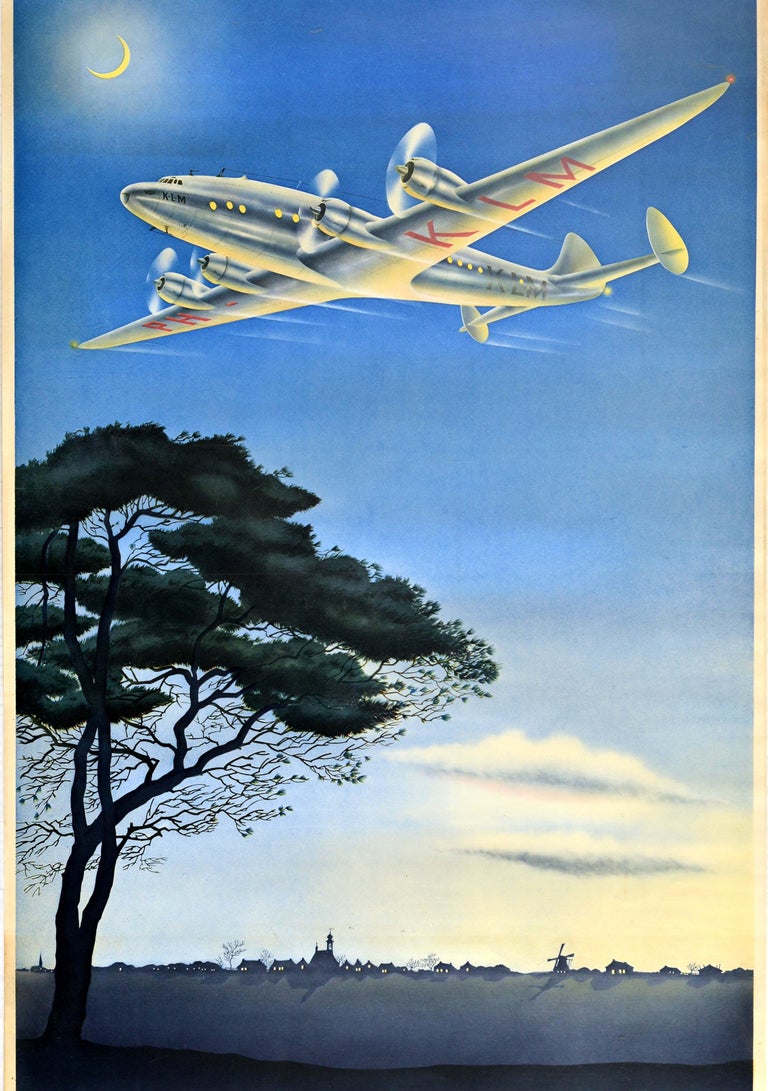 Mid-20th Century Original Vintage Travel Poster Homeward KLM Royal Dutch Air Lines Plane Windmill For Sale