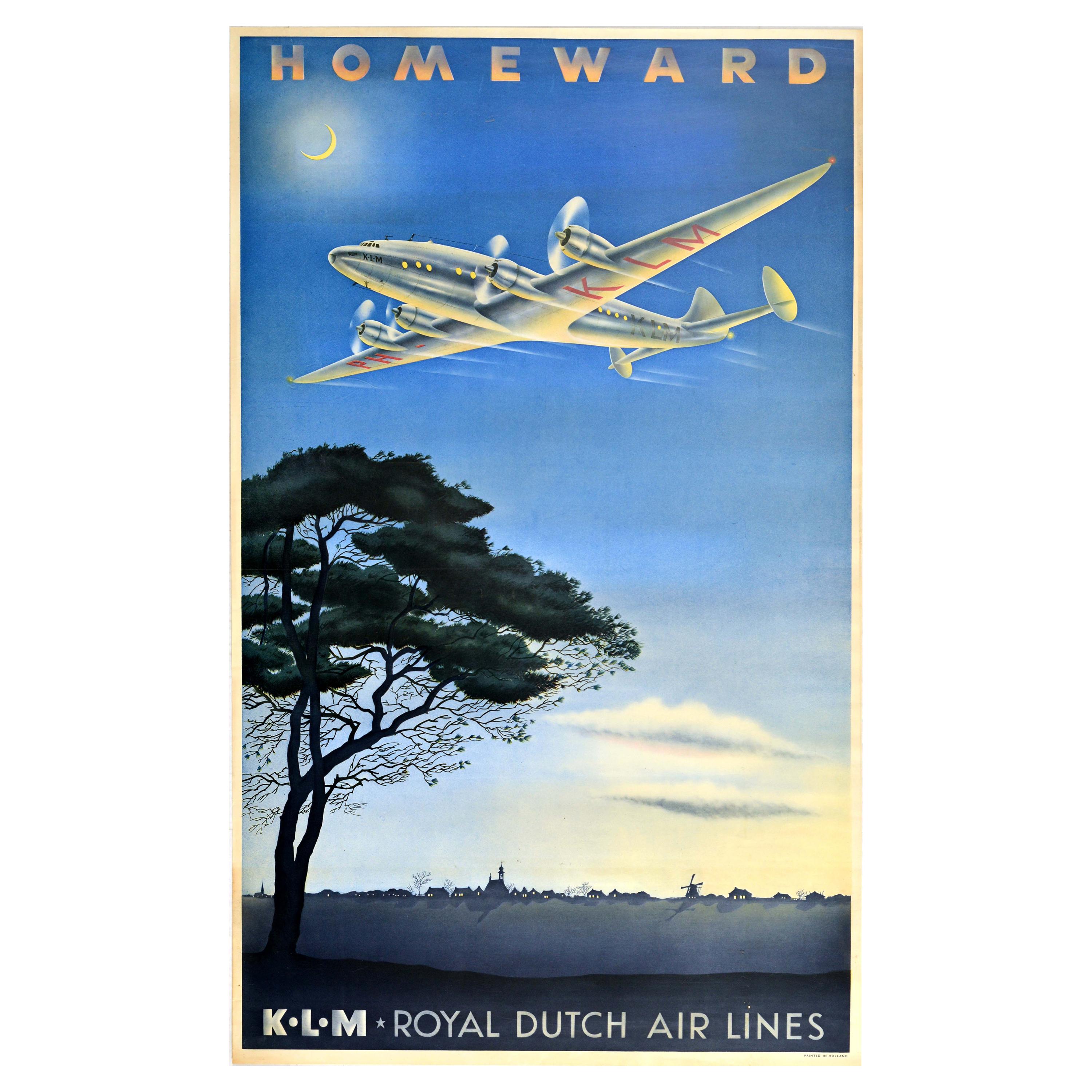 Original Vintage Travel Poster Homeward KLM Royal Dutch Air Lines Plane Windmill