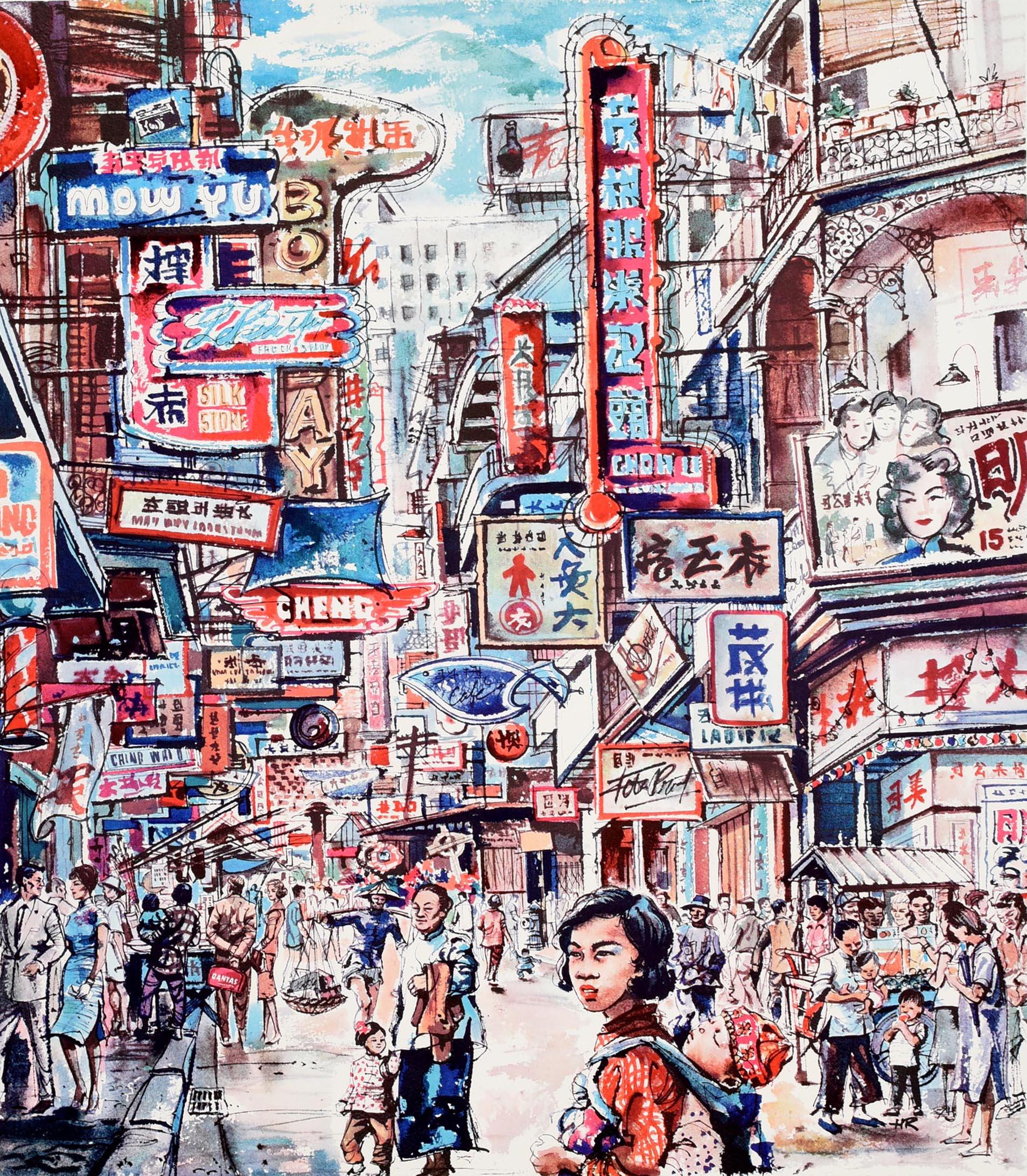 Original vintage travel poster for Hong Kong fly there by Qantas Australia's round the world airline. Fantastic artwork by Harry Rogers (1929-2012) depicting a busy street scene full of people walking around the shops below signs on the buildings,