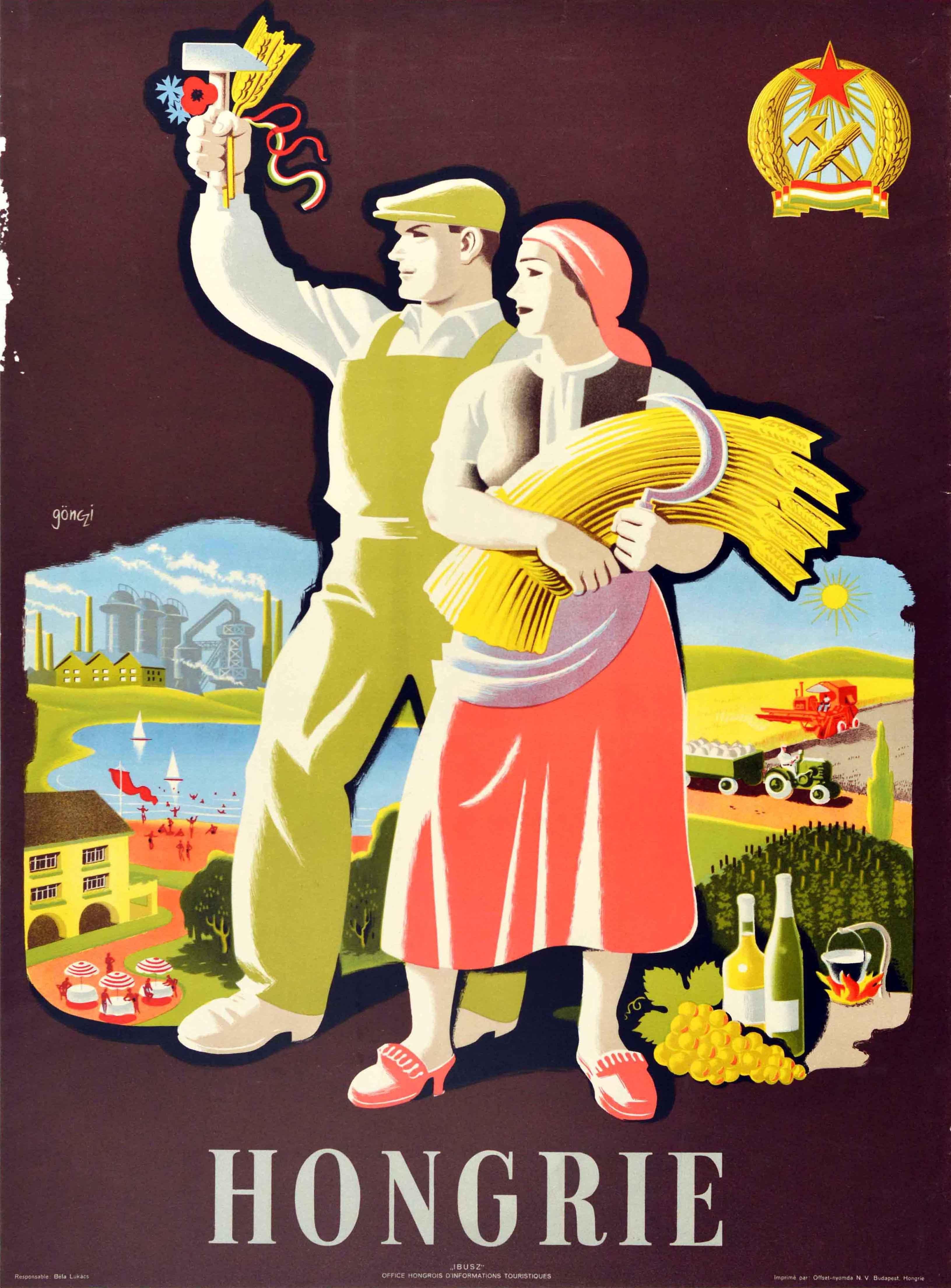 Original vintage travel poster for Hungary featuring an illustration of a lady holding wheat and a sickle next to a man holding flowers and a hammer tool with a view of a city showing people enjoying swimming from a beach with sailing boats on the