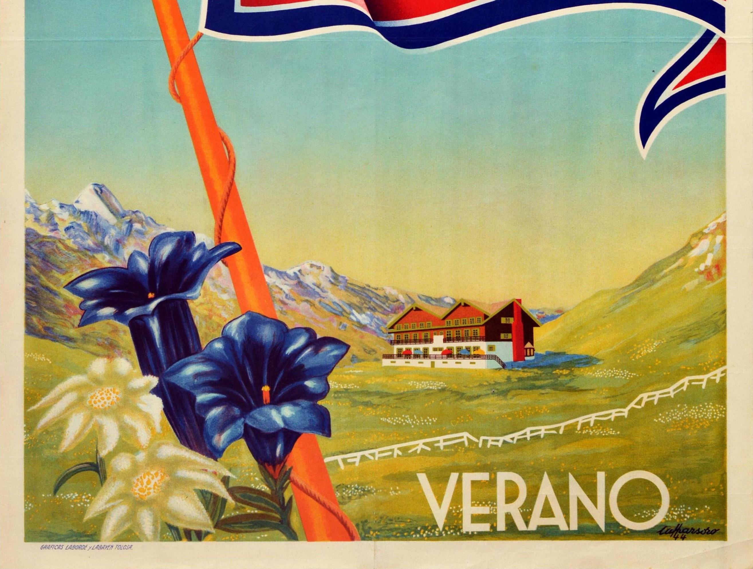 Spanish Original Vintage Travel Poster Hotel Candanchu Canfranc Verano Summer Mountains For Sale