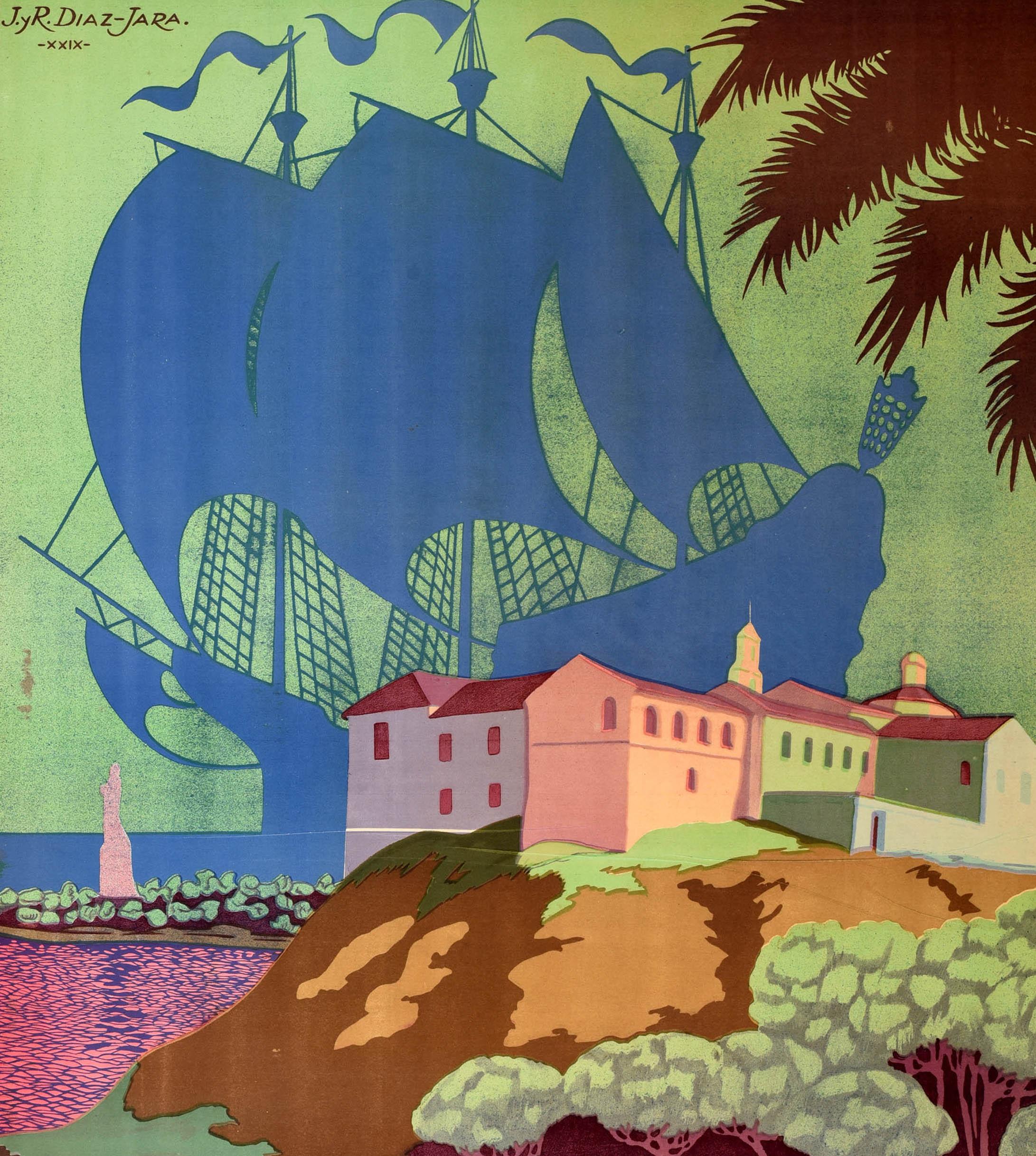Original vintage travel poster issued by the Spanish national tourist board Patronato Nacional del Turismo PNT for Huelva Cuna de America / Cradle of America. Great design depicting a silhouette of a large tall ship in full sail against the sky with