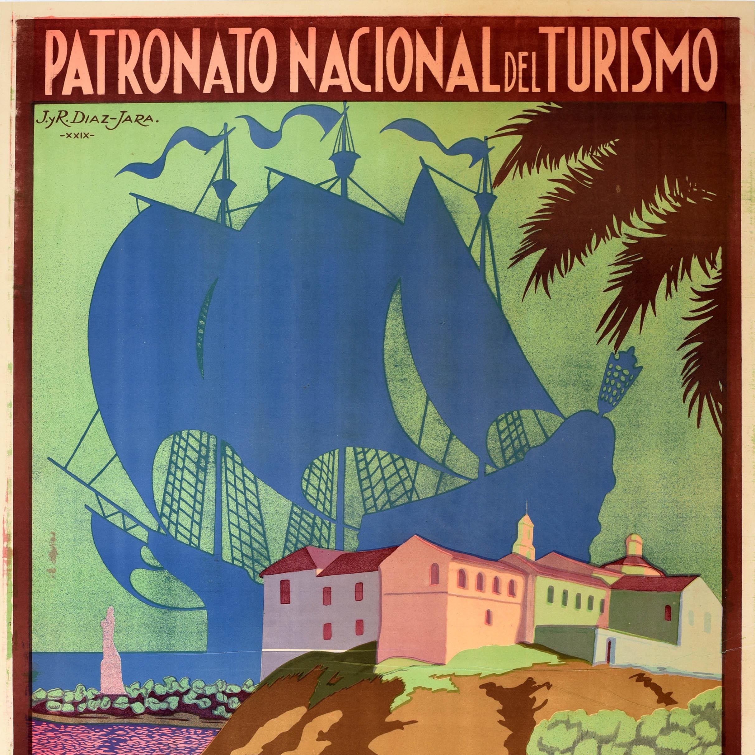 Spanish Original Vintage Travel Poster Huelva Spain Andalusia PNT Cuna De America Design For Sale
