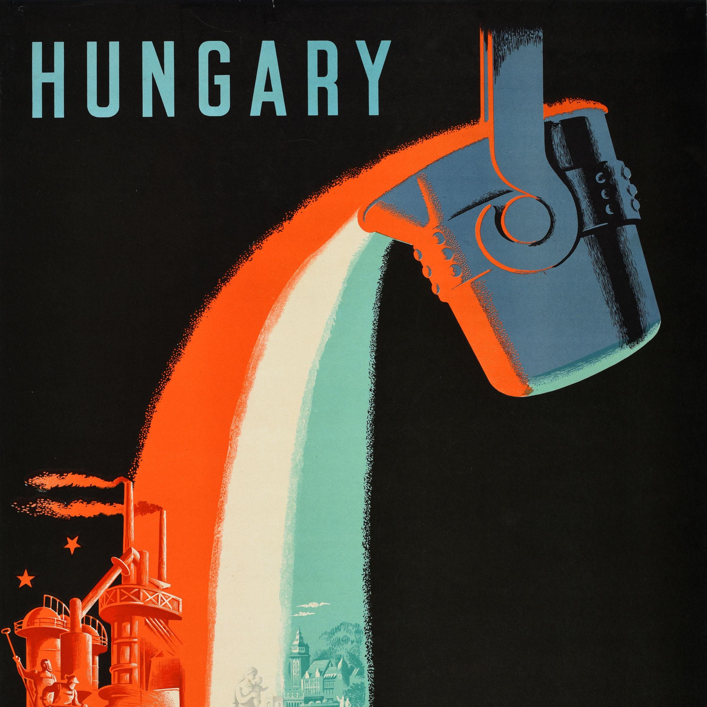 Hungarian Original Vintage Travel Poster Hungary Industry Tourism Midcentury Modern Flag For Sale