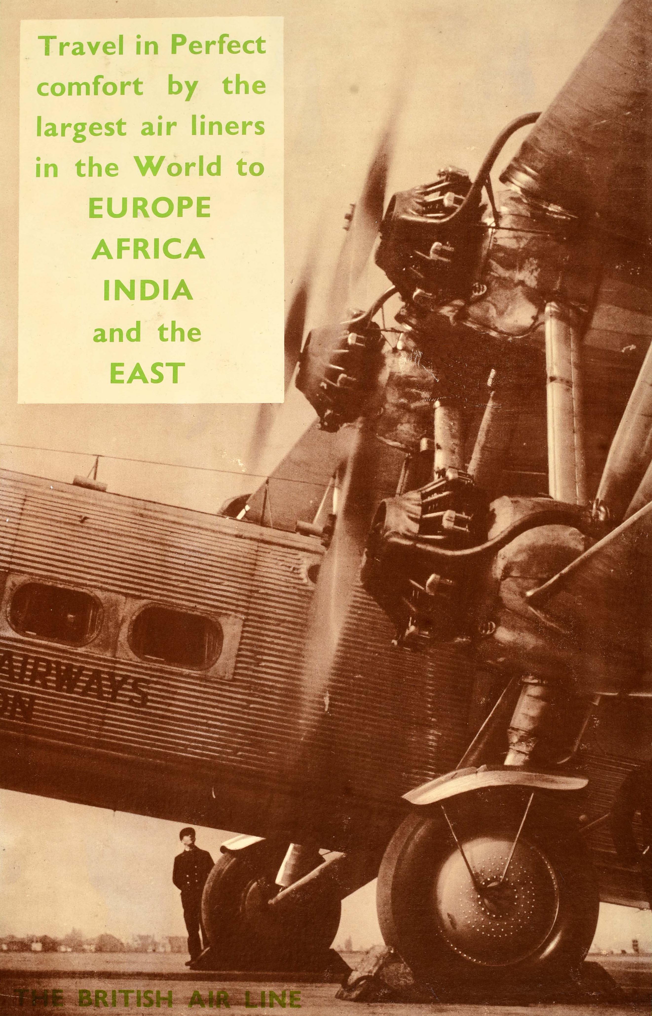 Original-Reise-Werbeplakat - Imperial Airways The British Air Line Reisen Sie in perfektem Komfort mit den größten Fluglinien der Welt nach Europa, Afrika, Indien und in den Osten - mit einer sepiafarbenen Fotografie eines Mannes in Uniform, der am