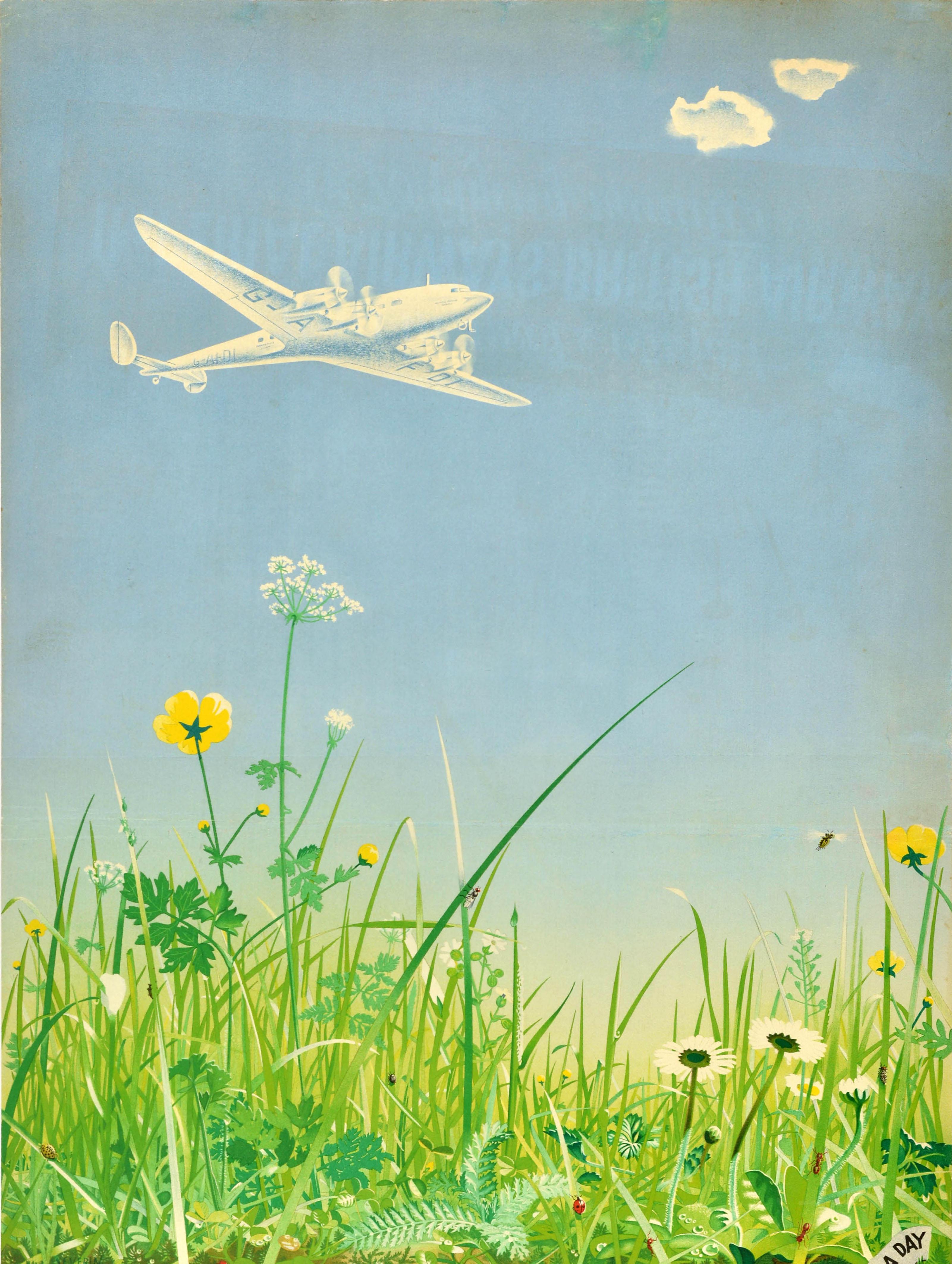 Cartel de viaje original de época - París a toda velocidad y con comodidad en 70 minutos de vuelo Imperial Airways British Airways 8 servicios al día - con un avión de hélice volando contra un cielo azul visto desde el nivel del suelo con una abeja