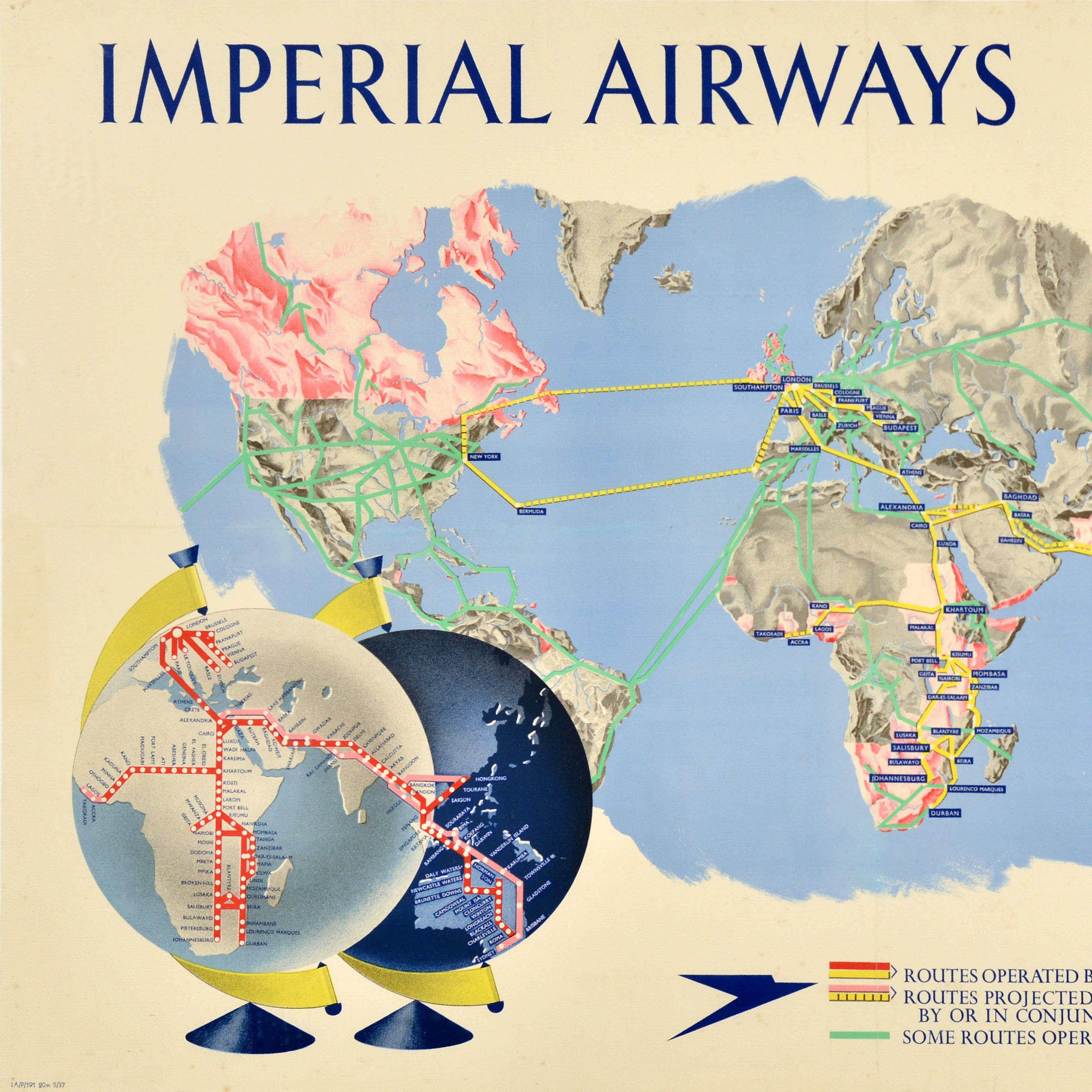 Original vintage travel poster for Imperial Airways showing a world map with the routes operated by Imperial Airways & Companies in Association featuring two planes with the weight, speed, crew and passenger details - an Ensign Air Liner and