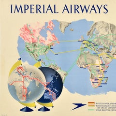 Original Vintage Travel Poster Imperial Airways Routes Ensign Empire Flying Boat