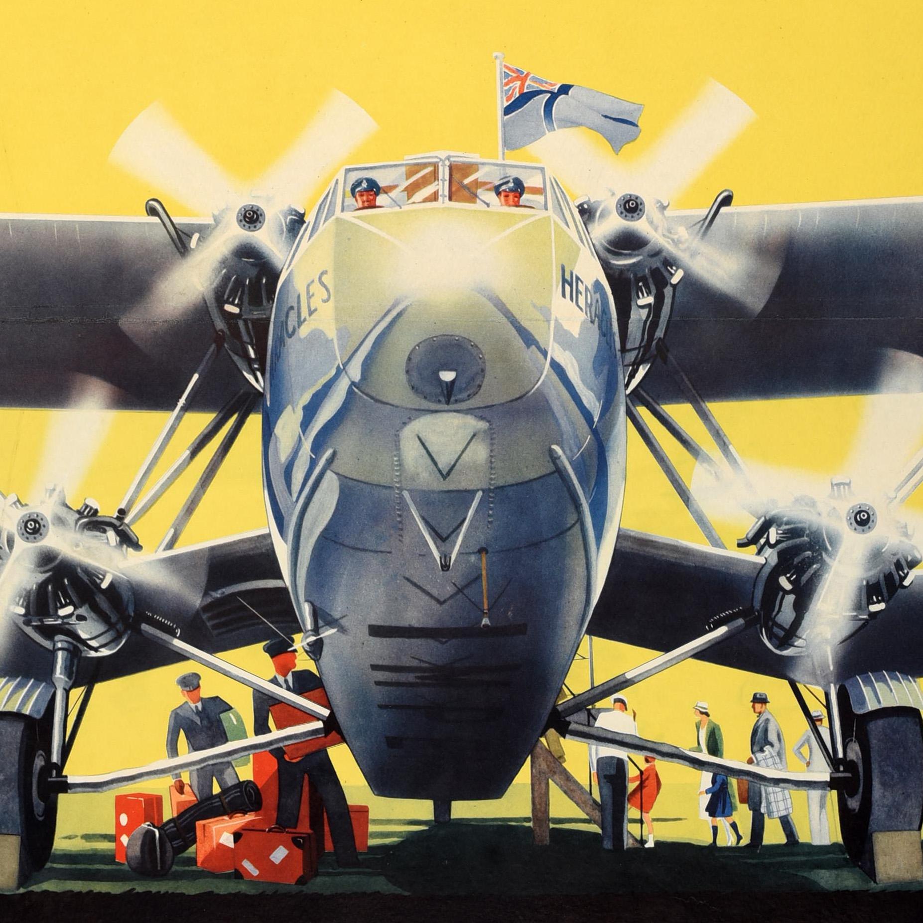 Affiche publicitaire originale de voyage - Travel Luxuriously in the World's largest airliners Europe Africa India Far East Imperial Airways The Greatest Air Service in the World - présentant une superbe illustration de l'artiste britannique Verney