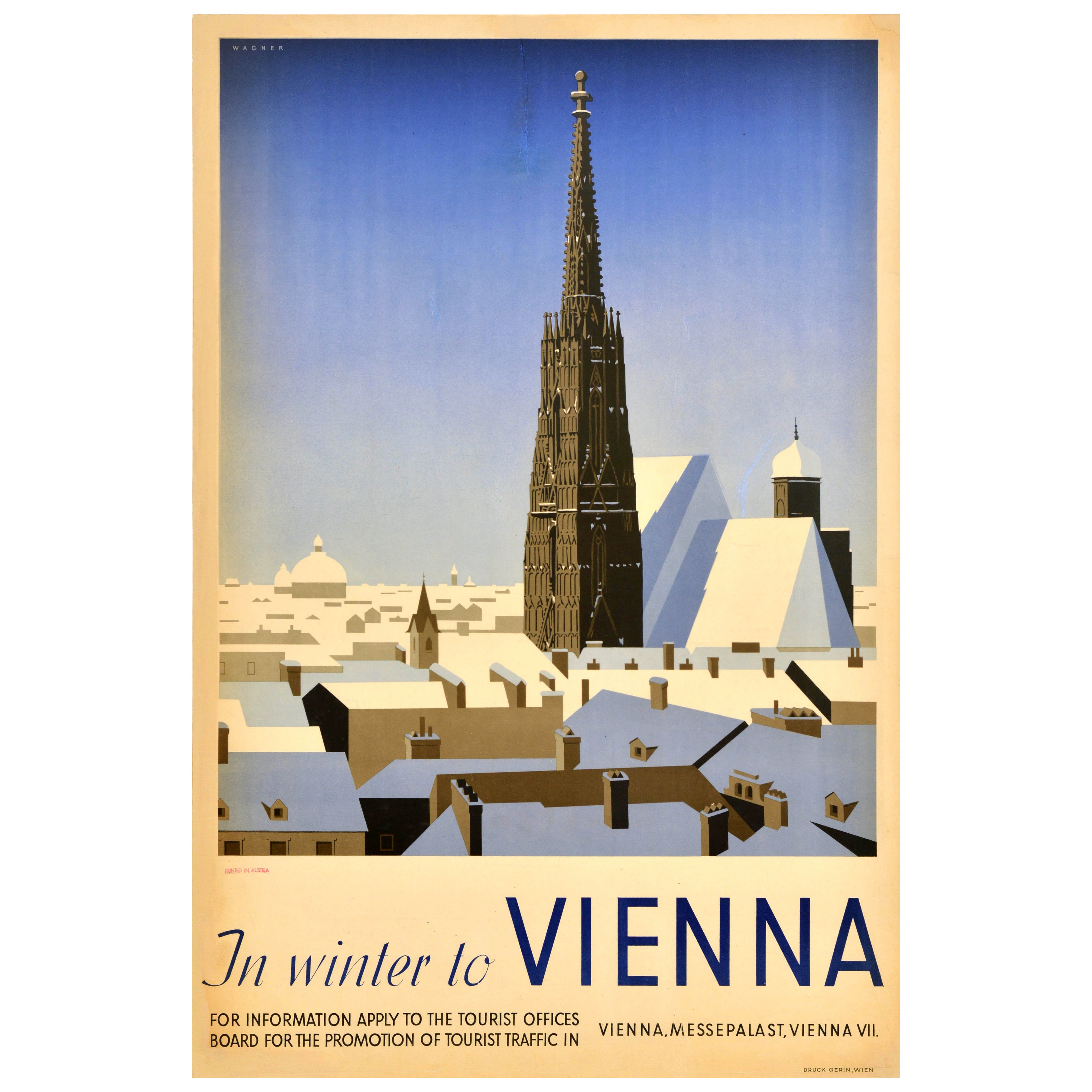 Original Vintage Reiseplakat Im Winter nach Wien Österreich Alexander Wagner im Angebot