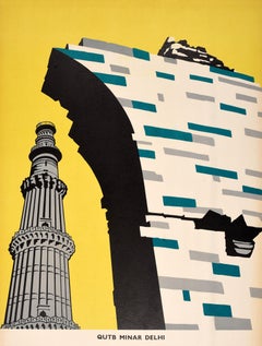 Original Vintage Travel Poster India Inde Delhi Qutb Minar Midcentury Modern