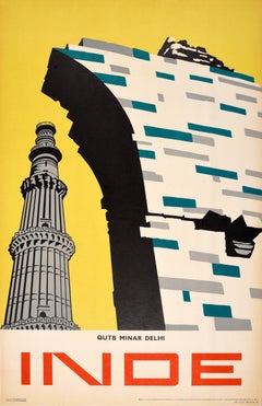 Original Vintage Travel Poster India Inde Delhi Qutb Minar Midcentury Modern