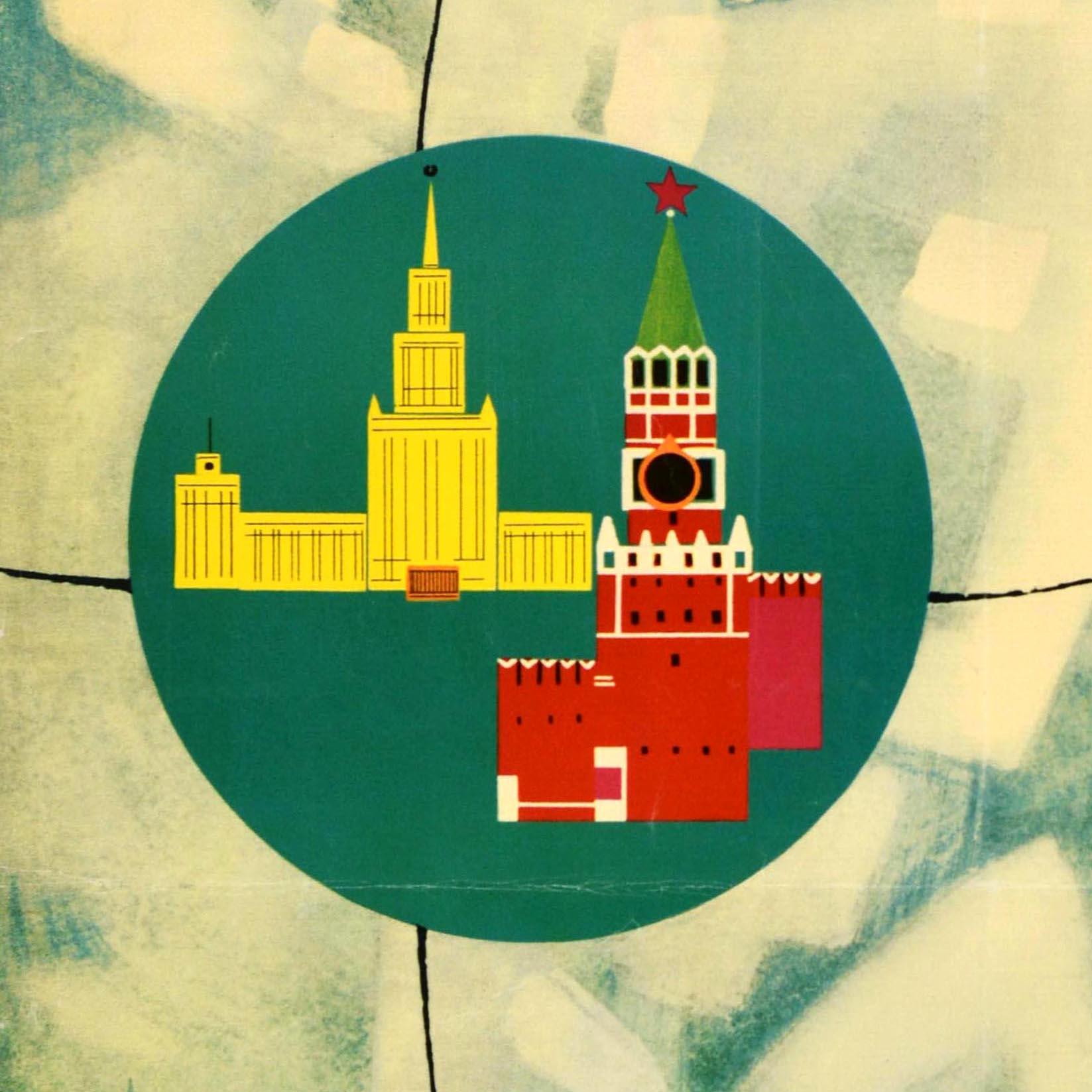 Original vintage travel poster promoting tourism in the Soviet Union featuring a great illustration of a cosmonaut / astronaut in a space suit with a red star above and an image of a skyscraper and the Moscow Kremlin inside a dark green circle, the