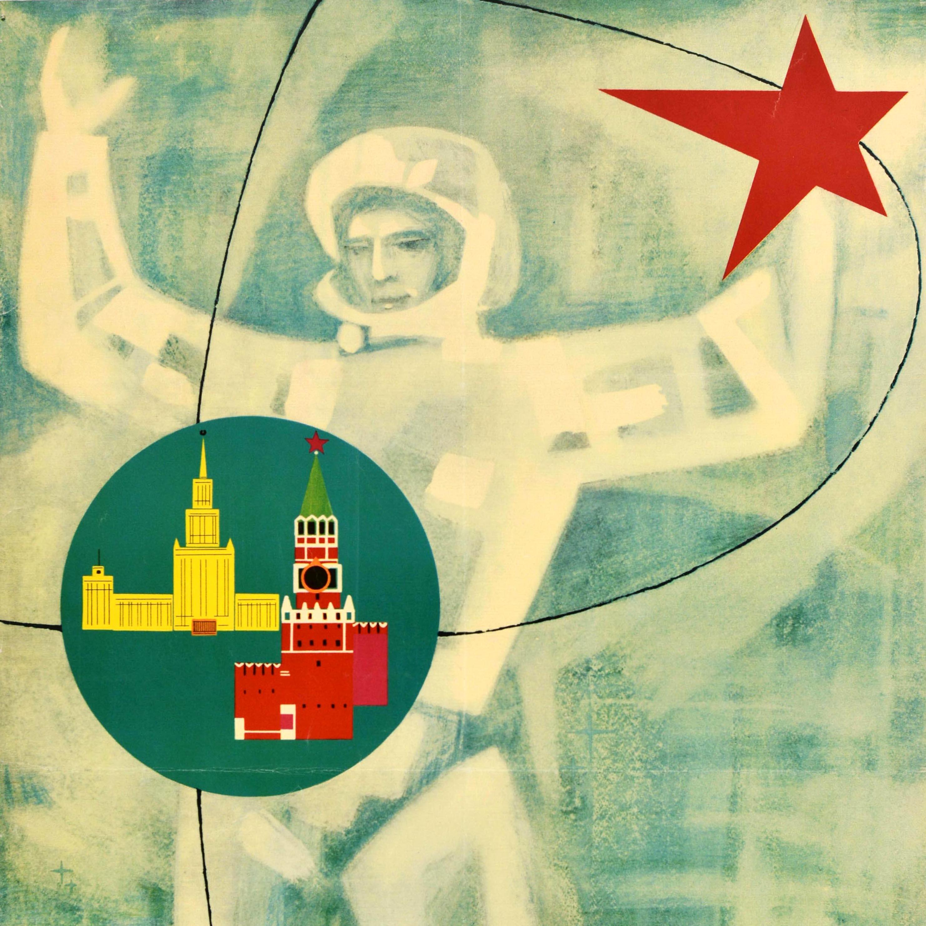 Russian Original Vintage Travel Poster Intourist Soviet Union Spaceman USSR Kremlin For Sale