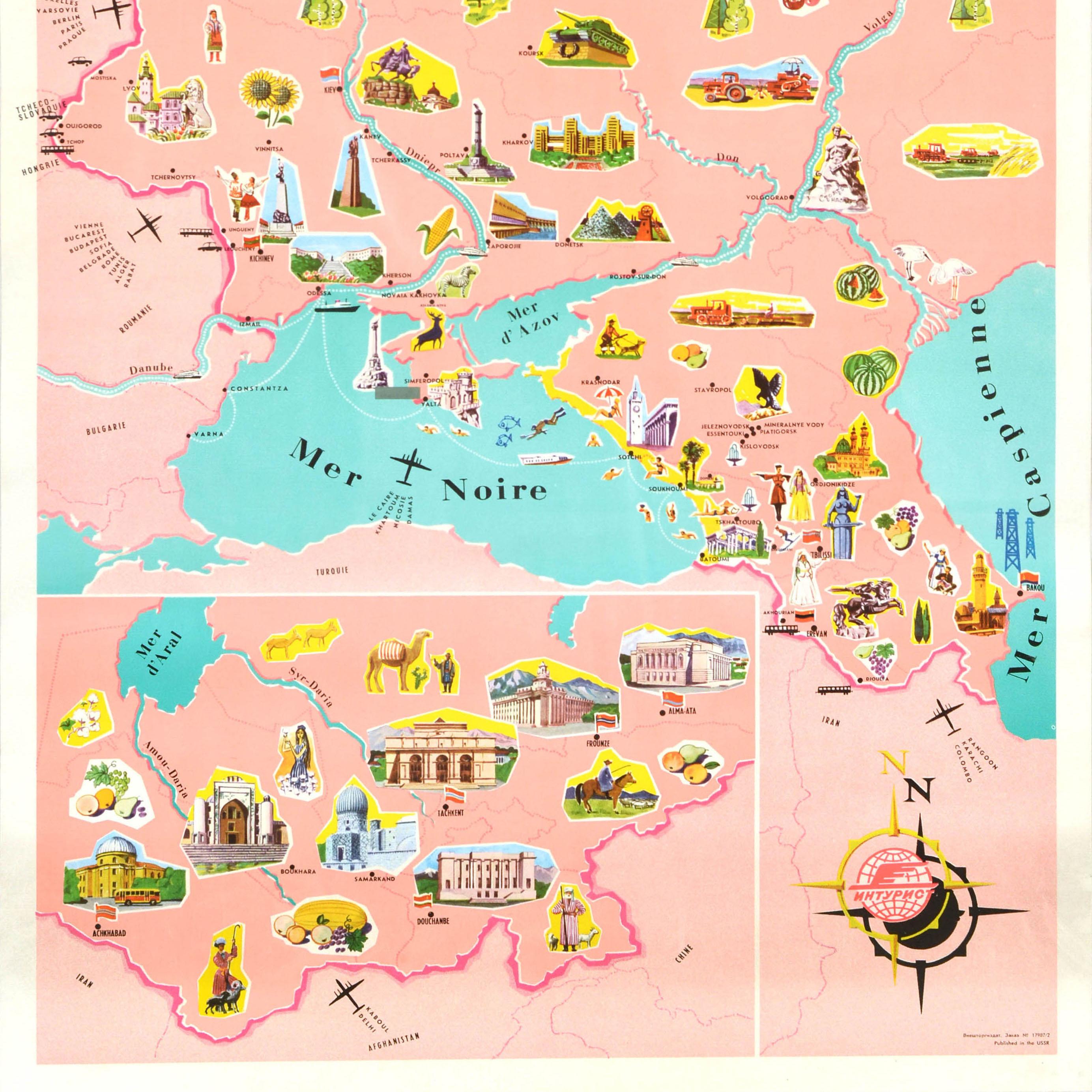 Russian Original Vintage Travel Poster Intourist Tourism Map Carte Touristique USSR