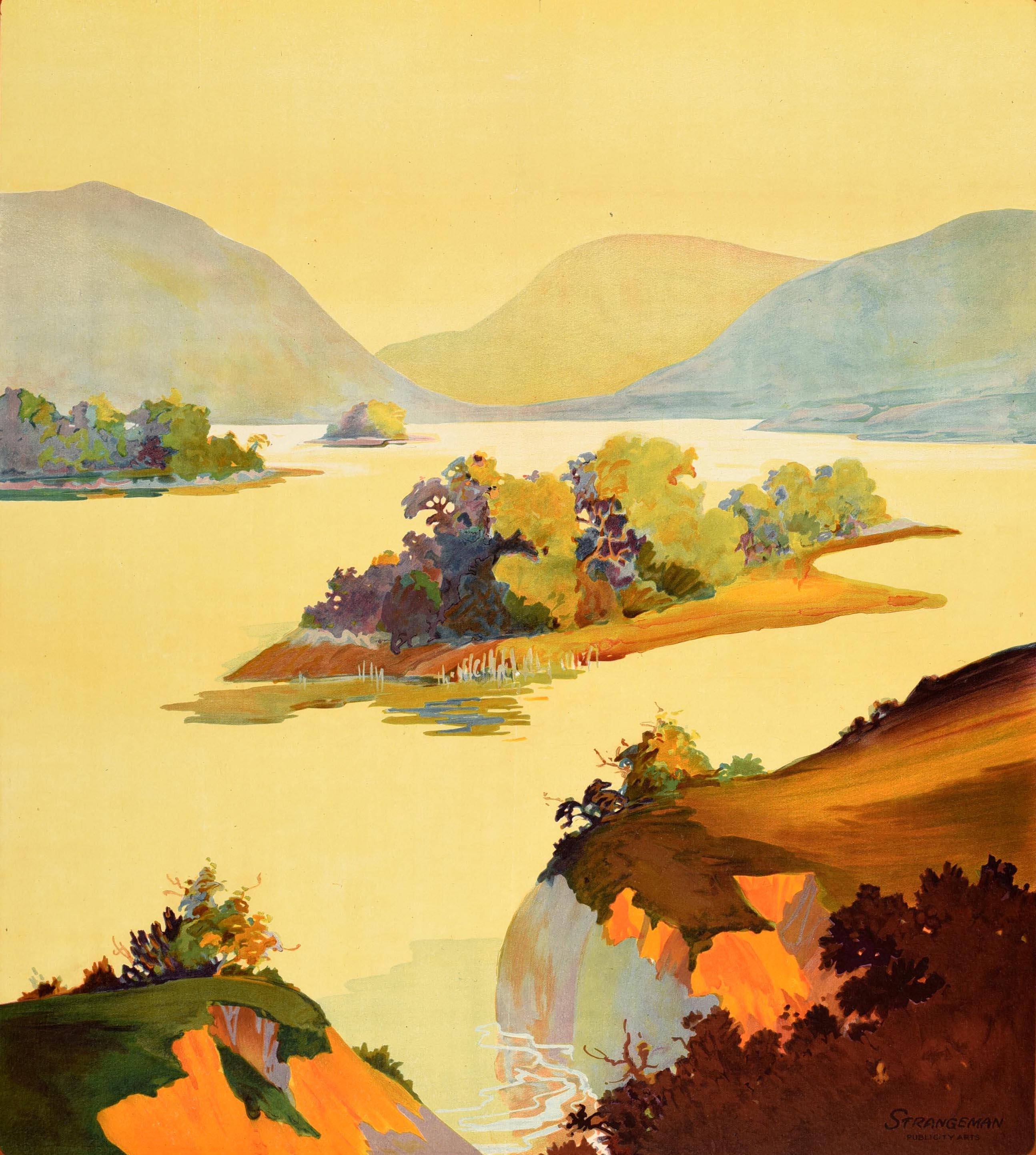 Original vintage travel poster for Ireland - Come Back to Erin - by Anchor Line New York and Londonderry - Design features a lake scene with rolling hills in the background framed by a maroon border with white and green lettering. Printed in Great
