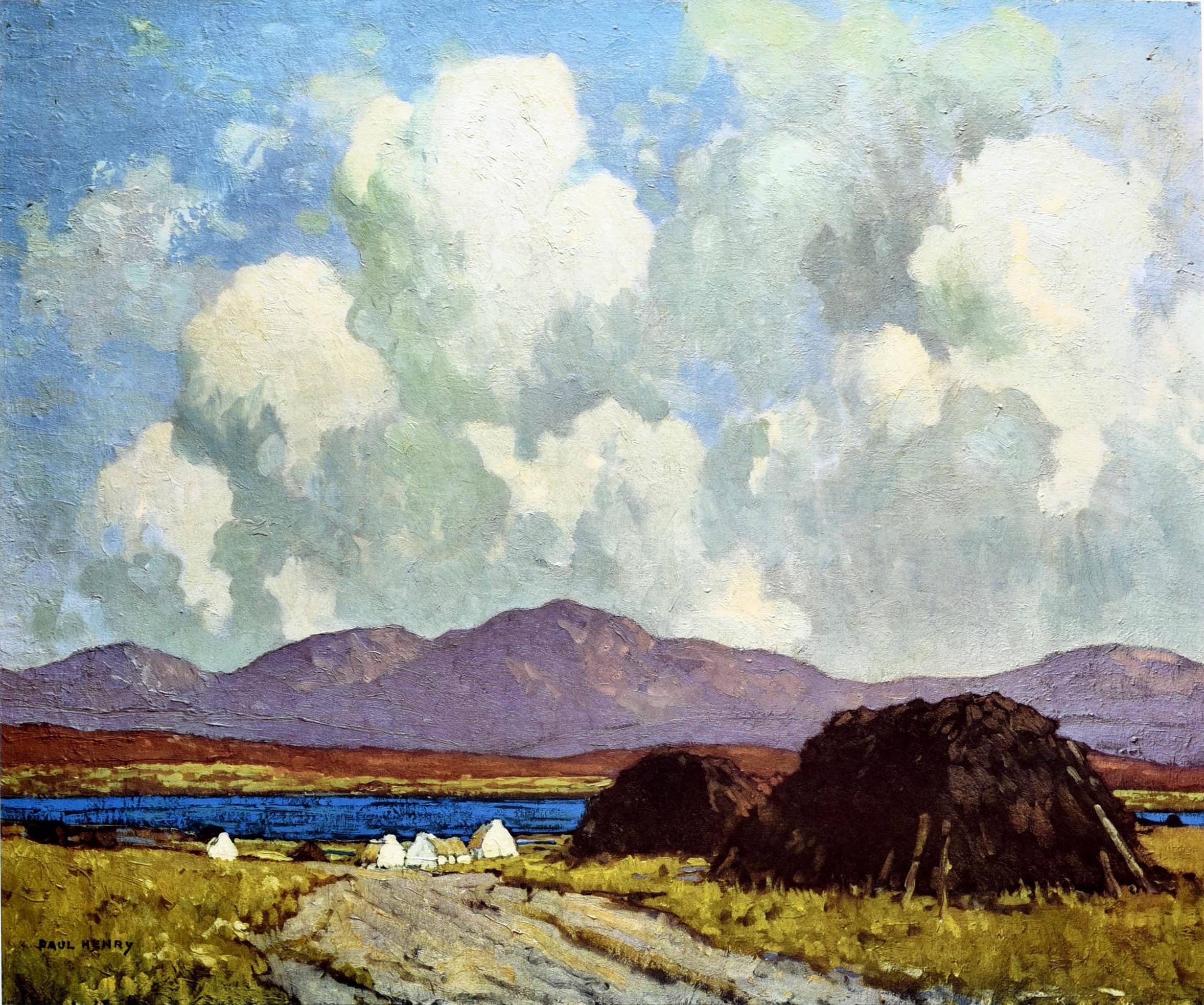 Original vintage travel poster for Ireland featuring scenic artwork depicting the countryside with the title and caption on the white border below - Connemara Landscape from the original painting by Paul Henry. Connemara is a rural region located in