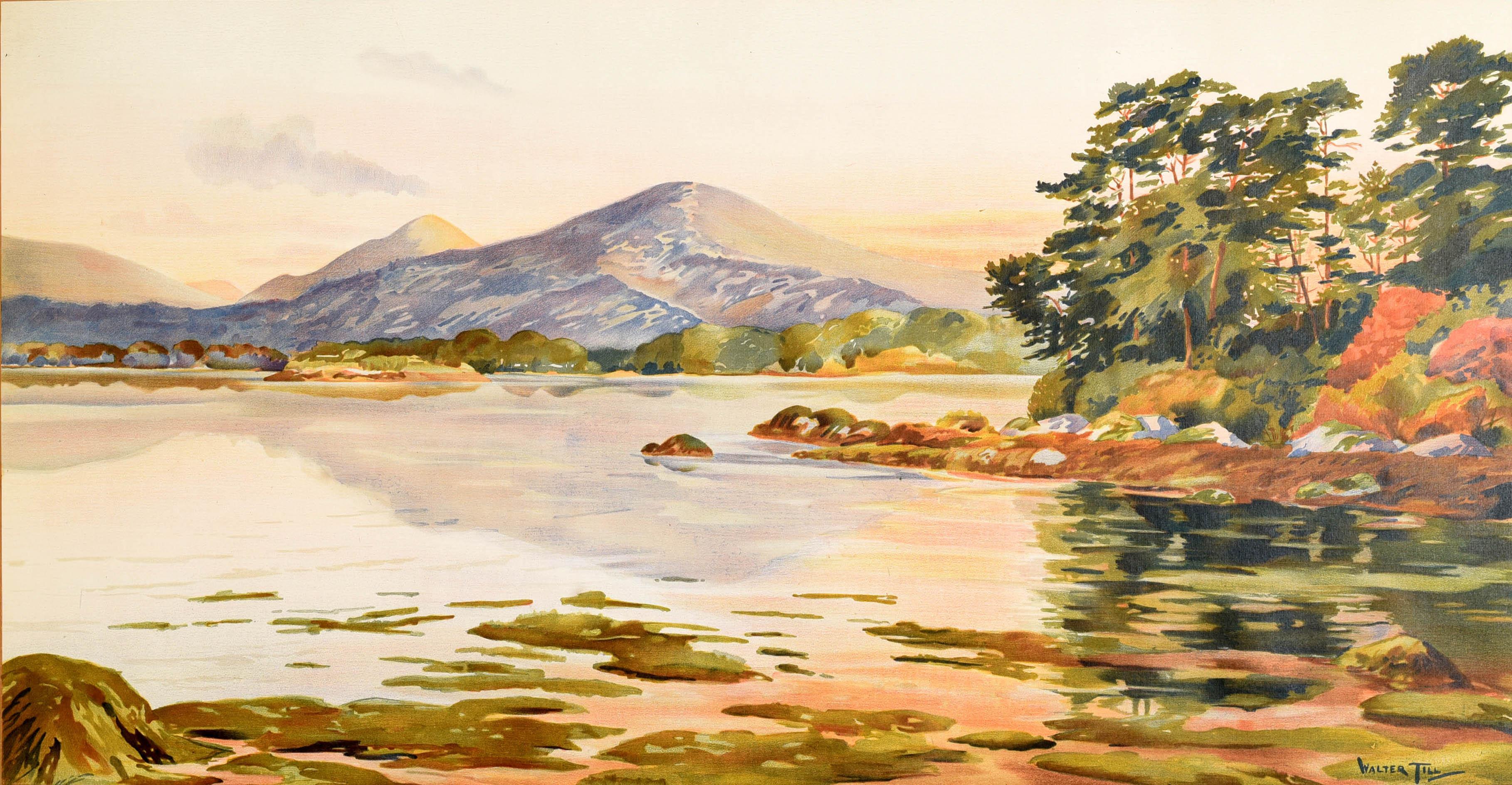 Original vintage travel poster issued by Great Southern Railways - Ireland For Bracing Air & Glorious Sunshine - featuring artwork by Walter Till (1880-1930) depicting a serene landscape view of Barley Lake in Glengarriff Killarney with the shrubs,