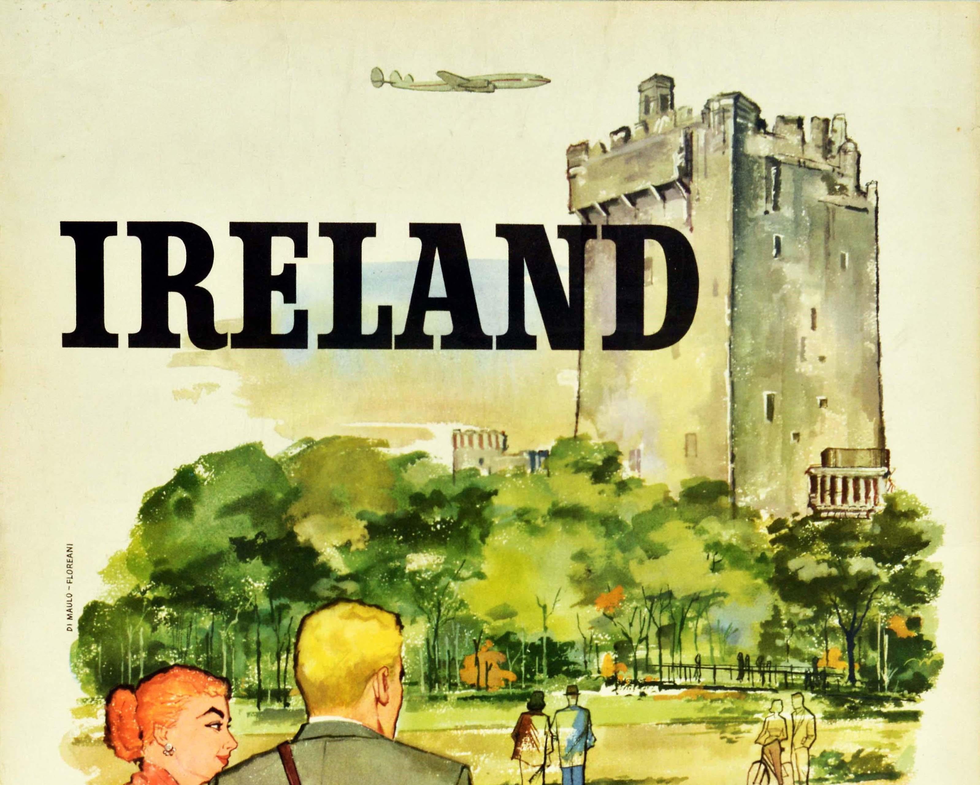 Original vintage travel poster for Ireland Trans-Canada Air Lines featuring a scenic image of two tourists in the foreground, the lady smiling with her hand on the man's shoulder, looking towards the medieval Blarney Castle in Country Cork