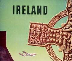 Original Vintage Travel Poster Ireland TWA Lockheed Constellation Celtic Cross