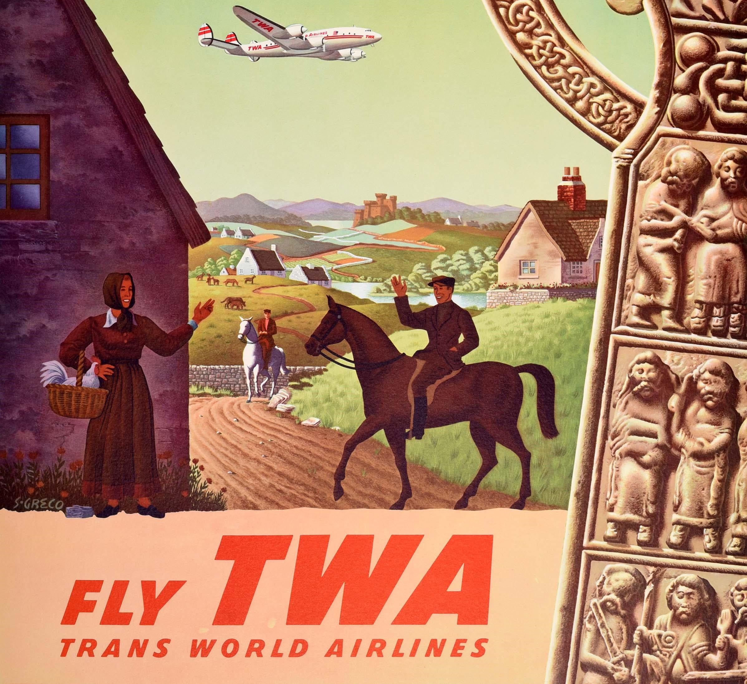 Britannique Affiche rétro originale de voyage, Irlande, TWA Lockheed Constellation, Croix celtique en vente