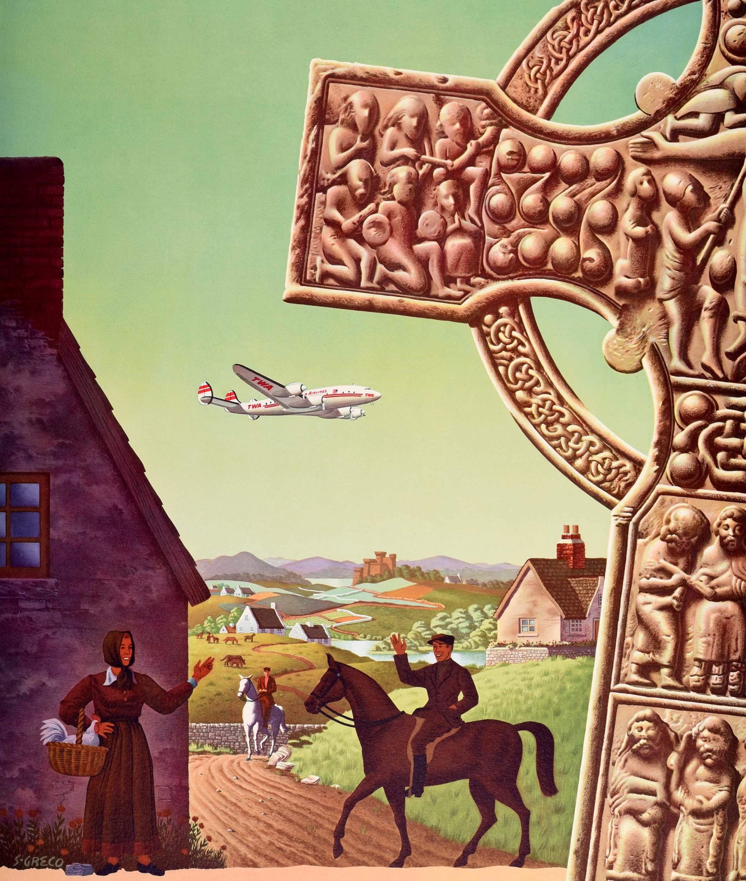 Affiche rétro originale de voyage, Irlande, TWA Lockheed Constellation, Croix celtique Bon état - En vente à London, GB
