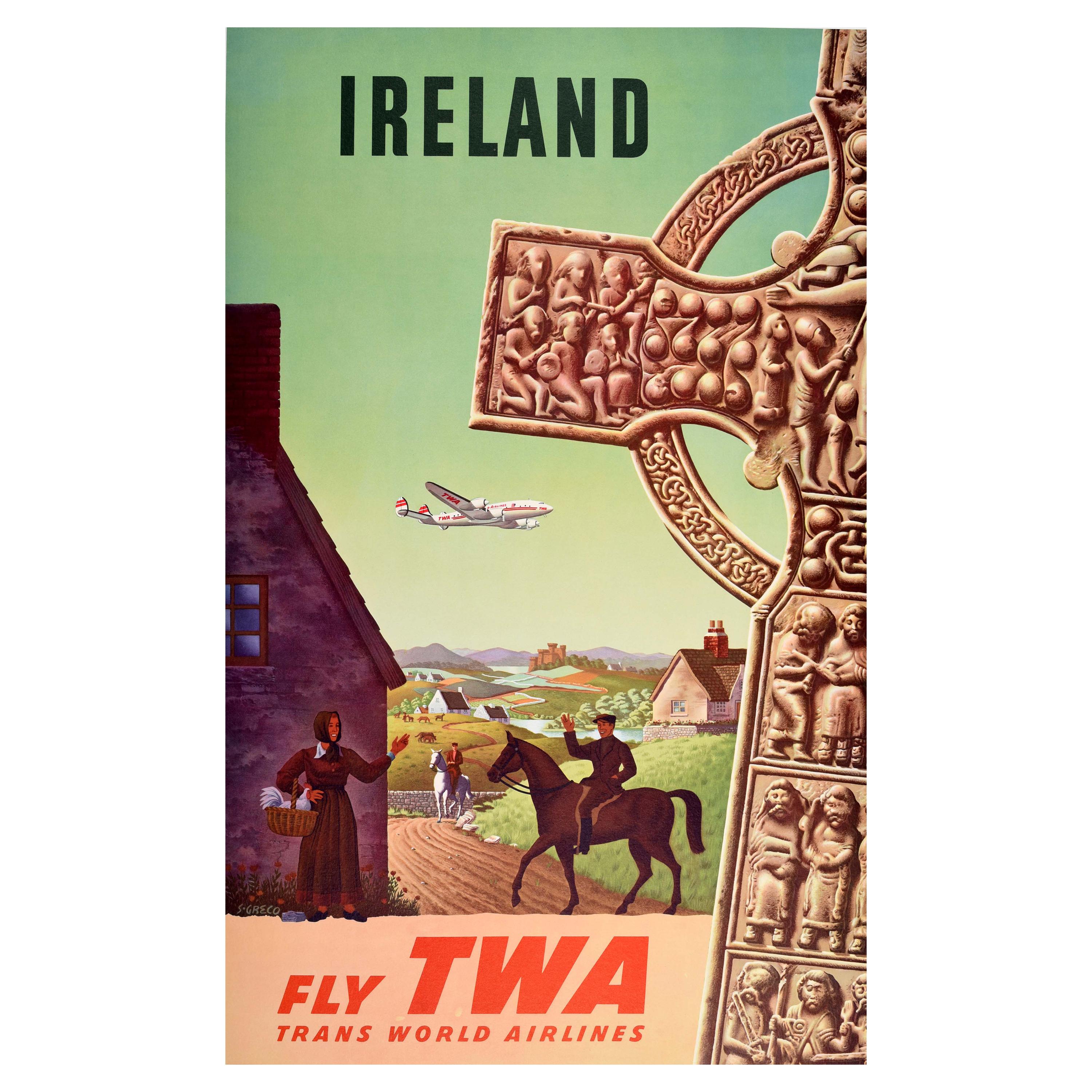 Original Vintage Travel Poster Ireland TWA Lockheed Constellation Celtic Cross