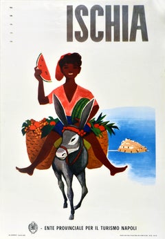 Affiche de voyage vintage originale : Ischia, mer Tyrrhénienne, Naples, Italie, Mario Puppo