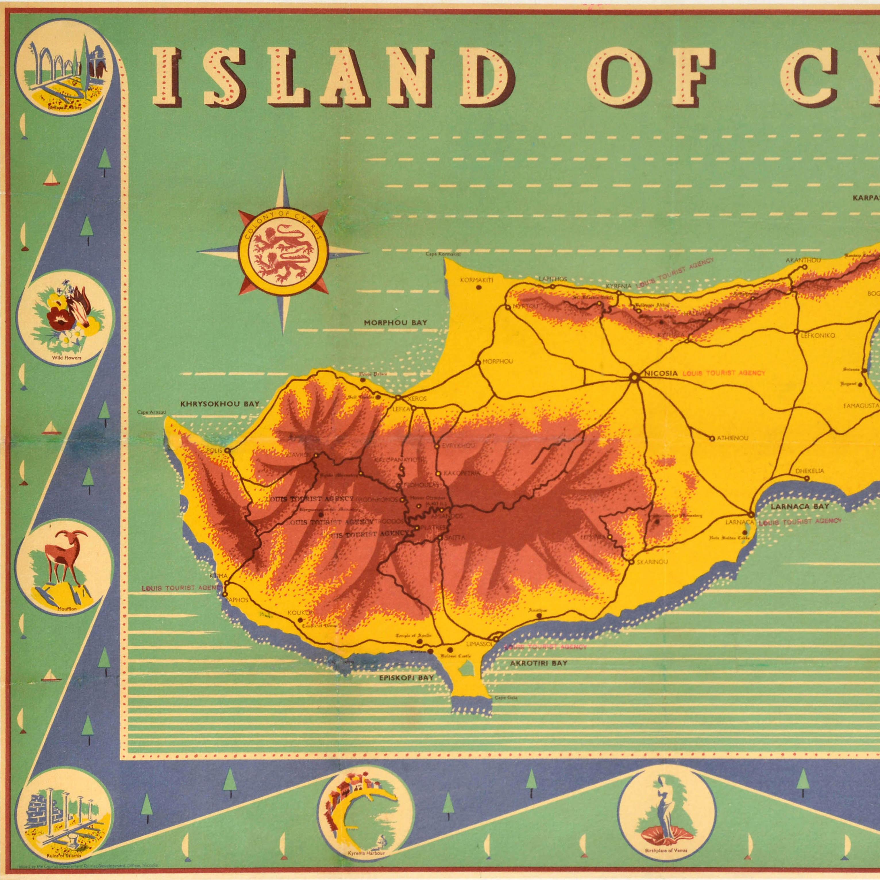 Britannico Poster di viaggio originale d'epoca L'isola di Cipro Mappa illustrata del Mediterraneo in vendita
