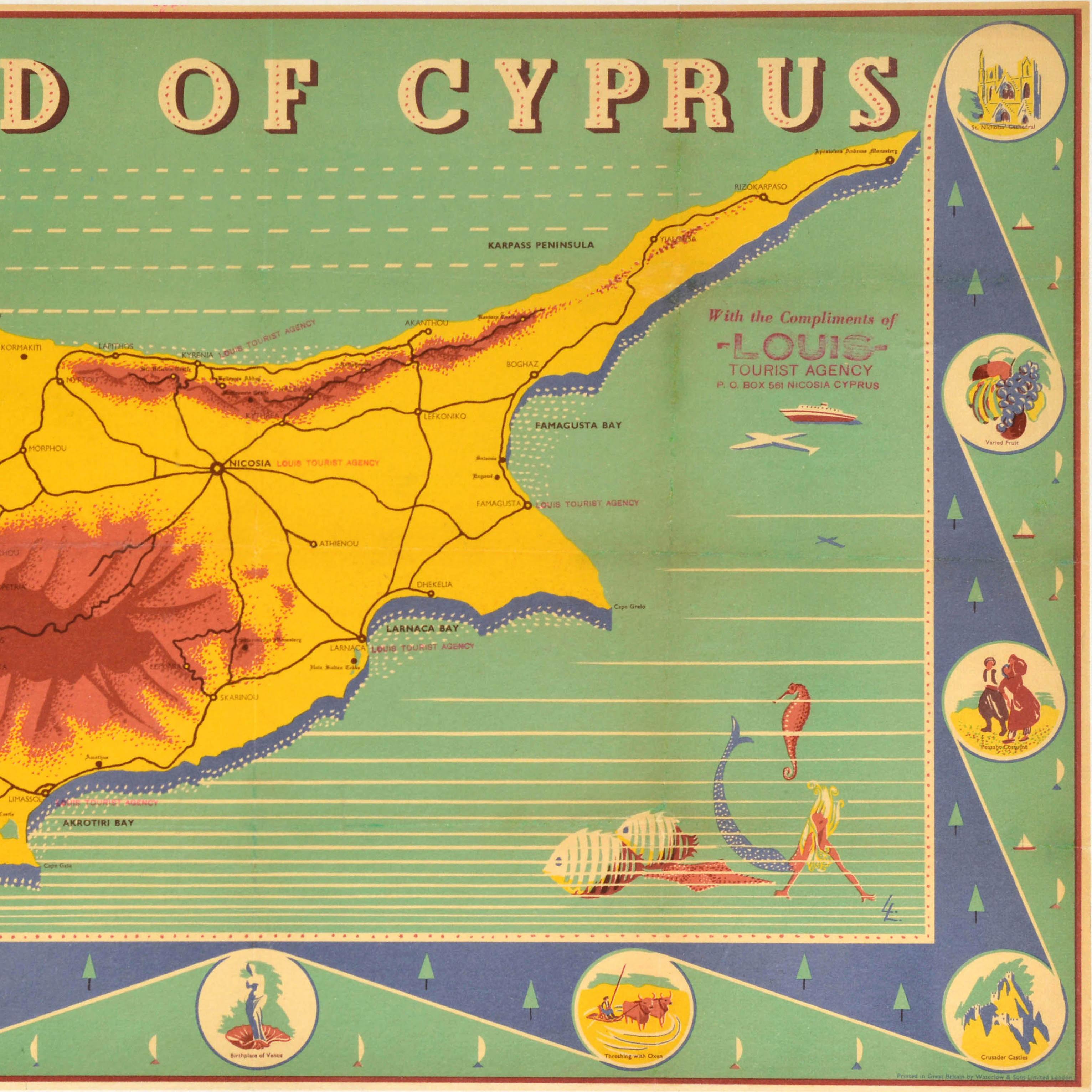 Poster di viaggio originale d'epoca L'isola di Cipro Mappa illustrata del Mediterraneo In condizioni buone in vendita a London, GB